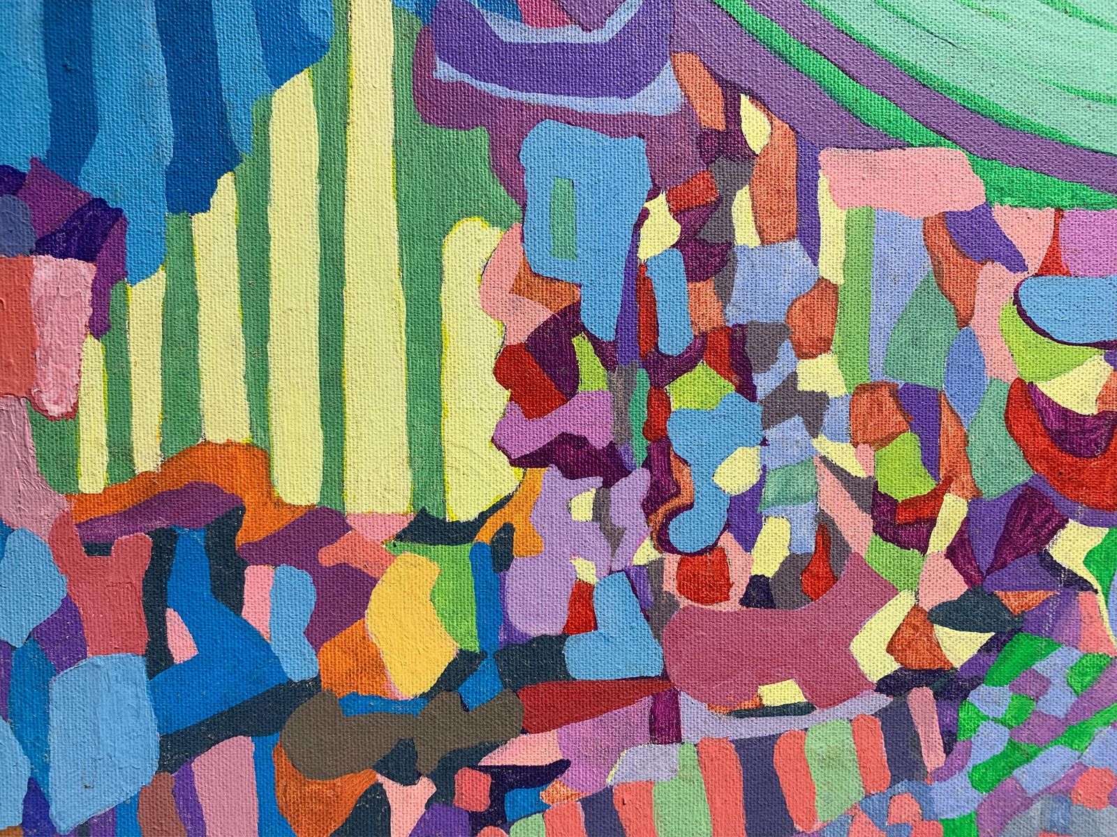 Late 20th Century Vibrant Abstract Painting, Sun, Sea, And Landscape, Signed photo vintage