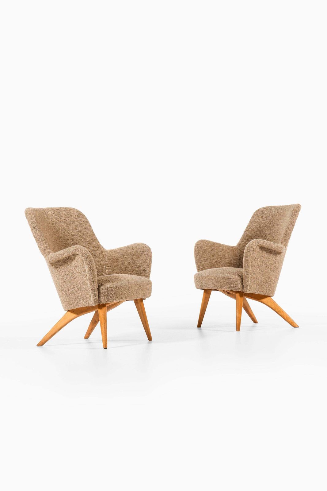 Pair Of Easy Chairs In Birch, Newly Reupholstered In Wool Fabric, 1950's photo furniture