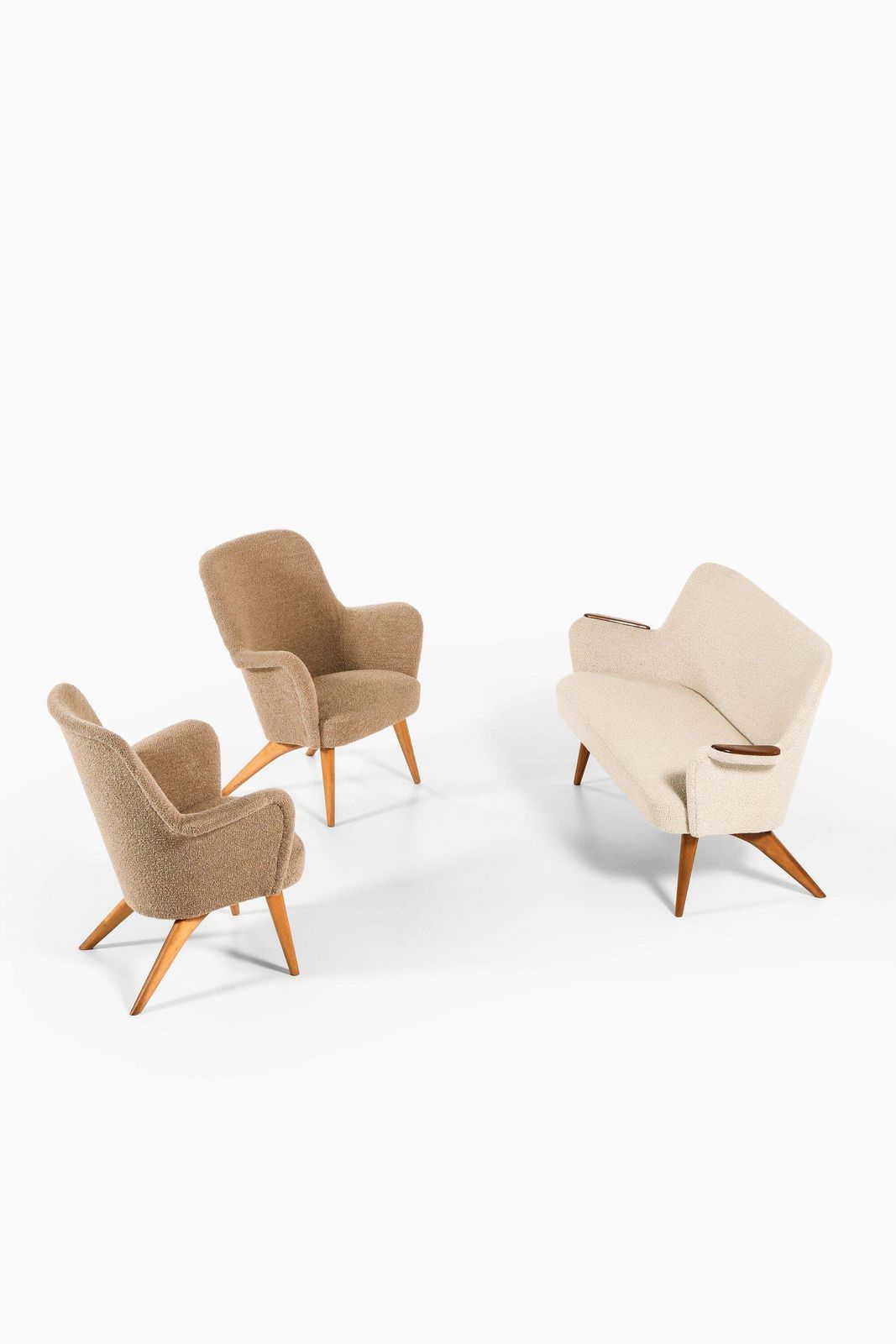 Pair Of Easy Chairs In Birch, Newly Reupholstered In Wool Fabric, 1950's photo vinterior