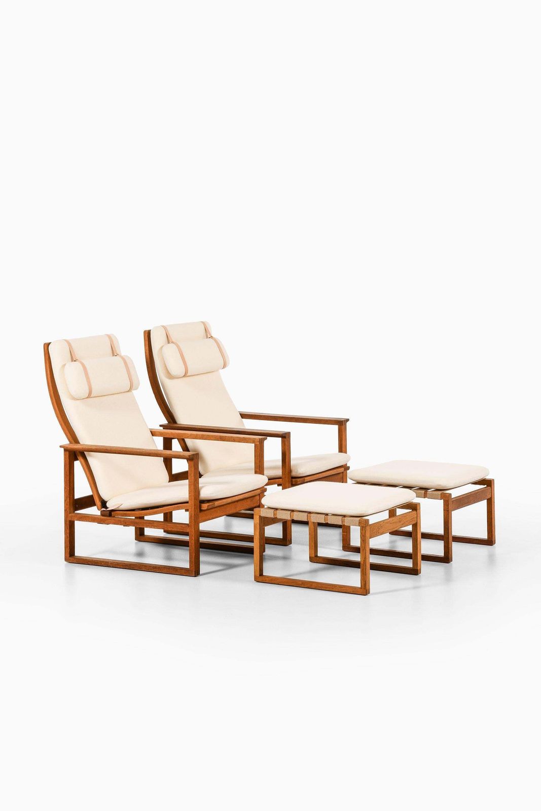 Pair Of Easy Chairs With Stools In Oak And Brass By Børge Mogensen, 1950's photo furniture