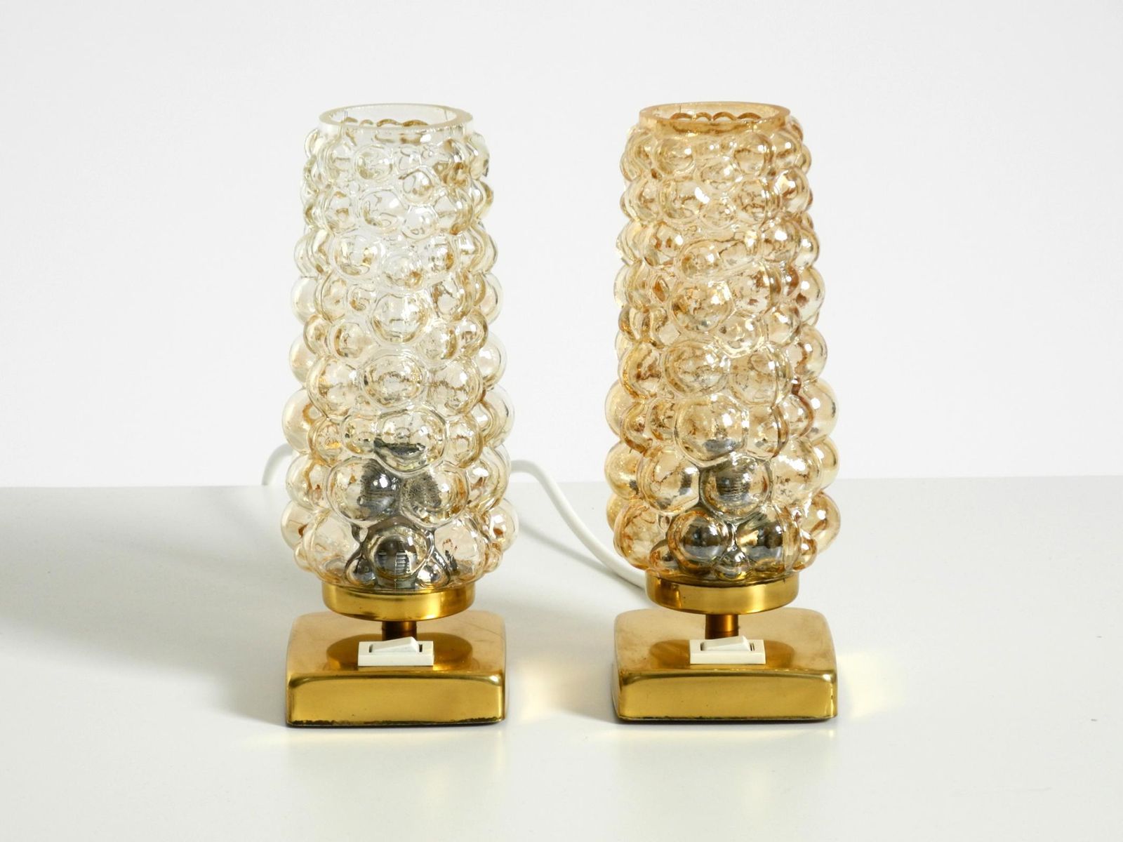photo furniture Two Rare 1960s Brass Bedside Lamps With Gold Bubble Glass Shades