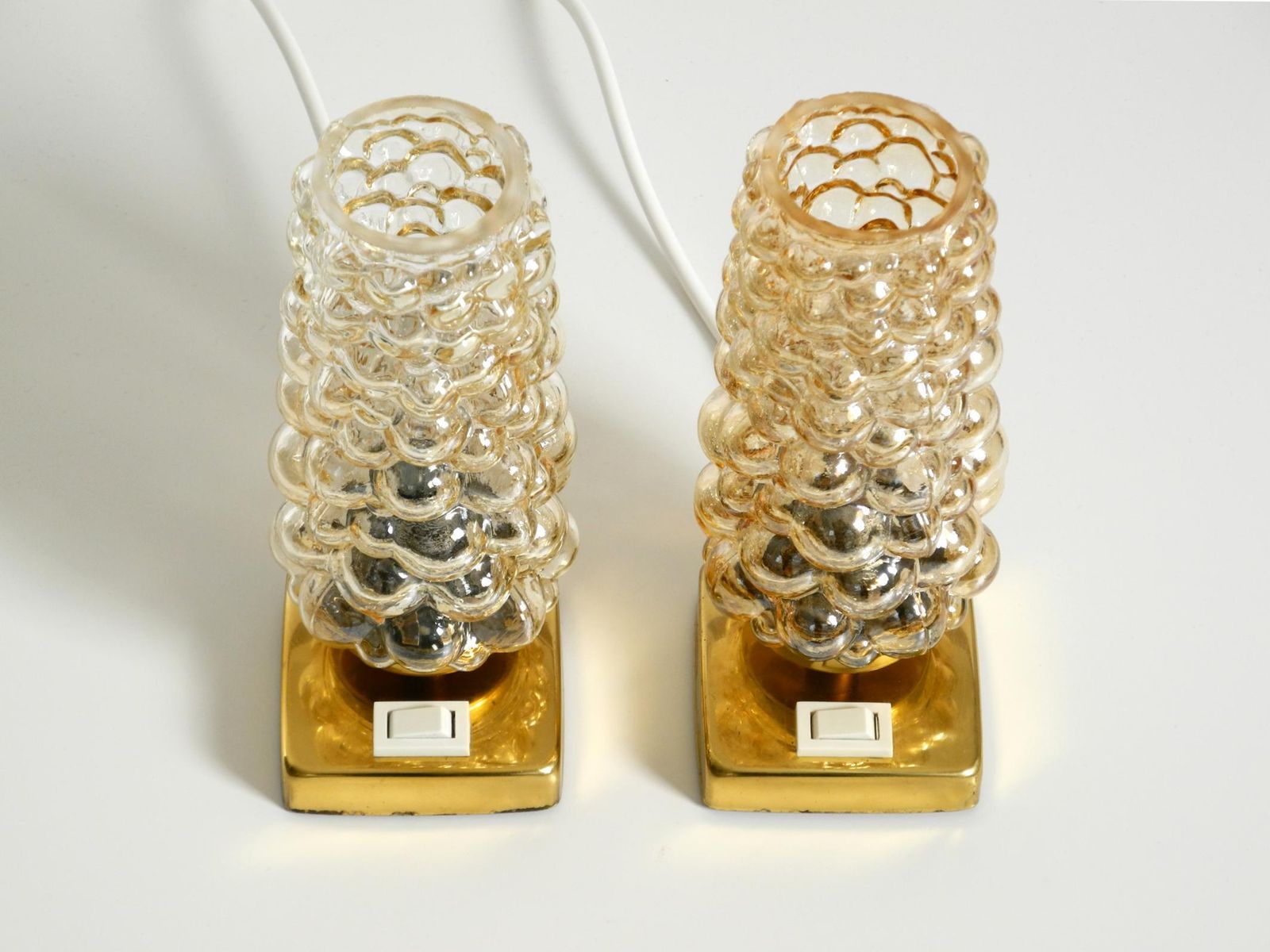 photo for sale Two Rare 1960s Brass Bedside Lamps With Gold Bubble Glass Shades