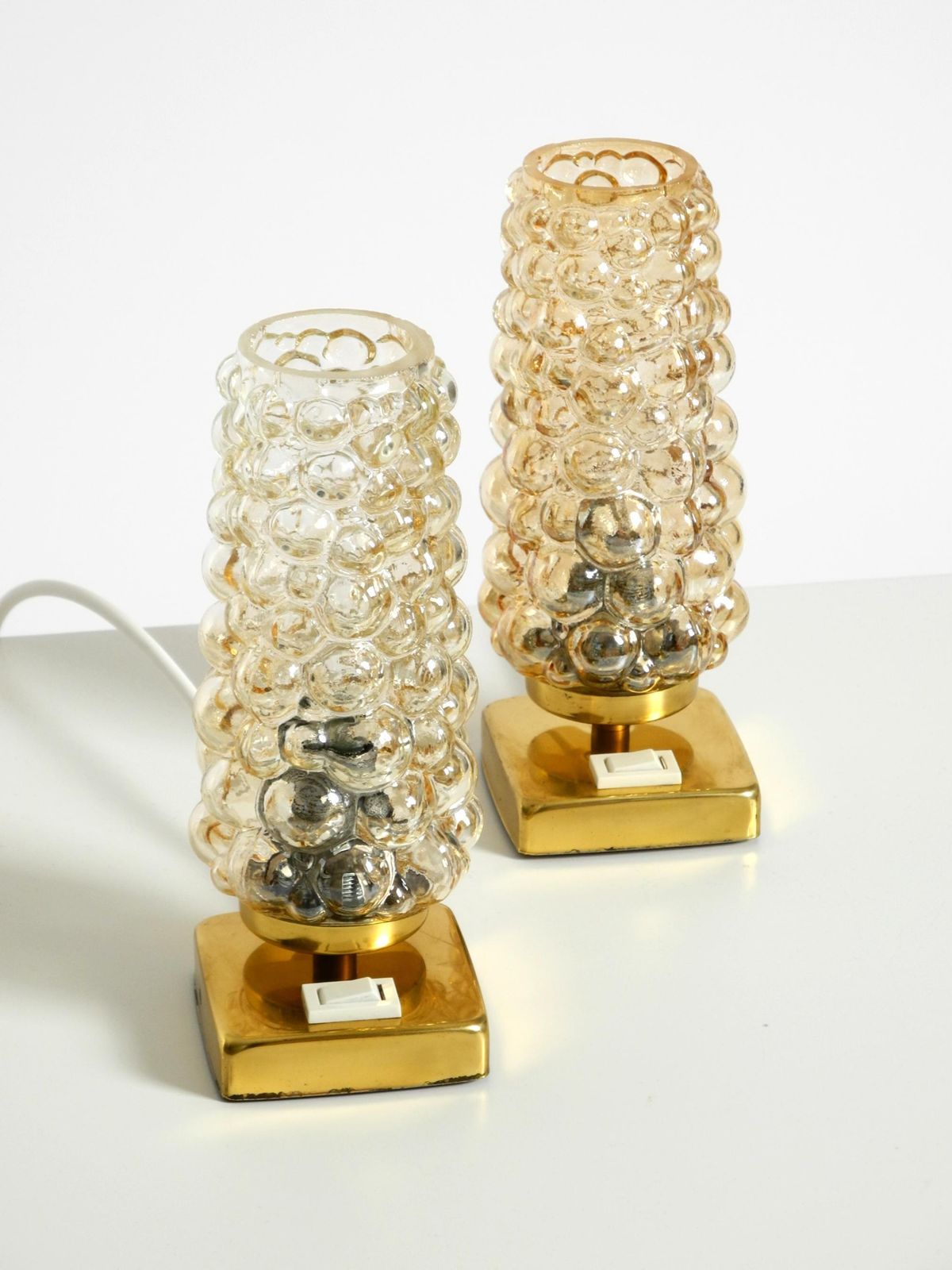 photo buy Two Rare 1960s Brass Bedside Lamps With Gold Bubble Glass Shades