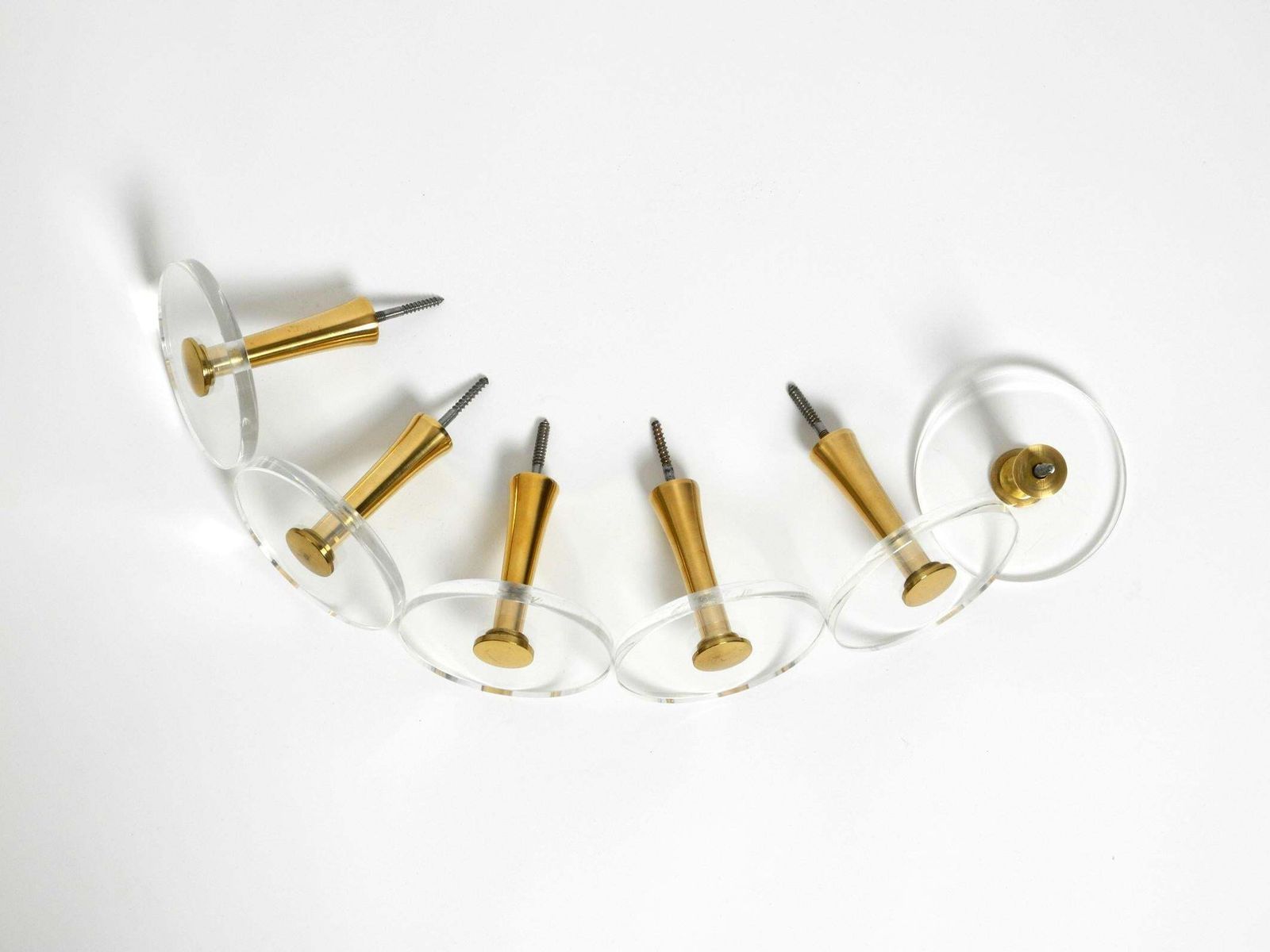 1970s Set Of 6 Coat Hooks Made Of Brass And Plexiglass By Vereinigte Werkstätten photo for sale