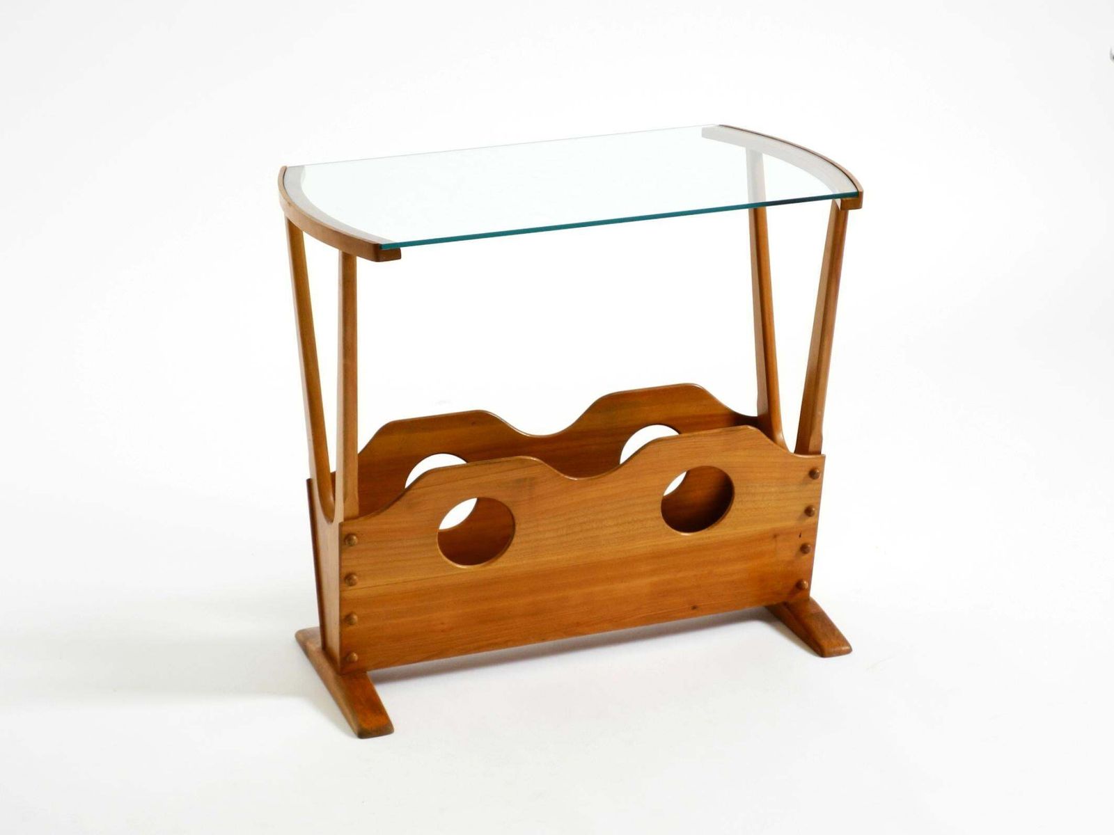Mid Century Modern Side Table With Magazine Rack, Made Of Ash Wood And Glass photo for sale