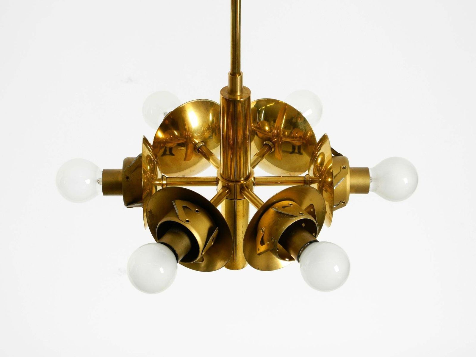 Lighting Beautiful 1960s Kaiser Leuchten Brass Ceiling Lamp With 6 Opal Glass Shades photo