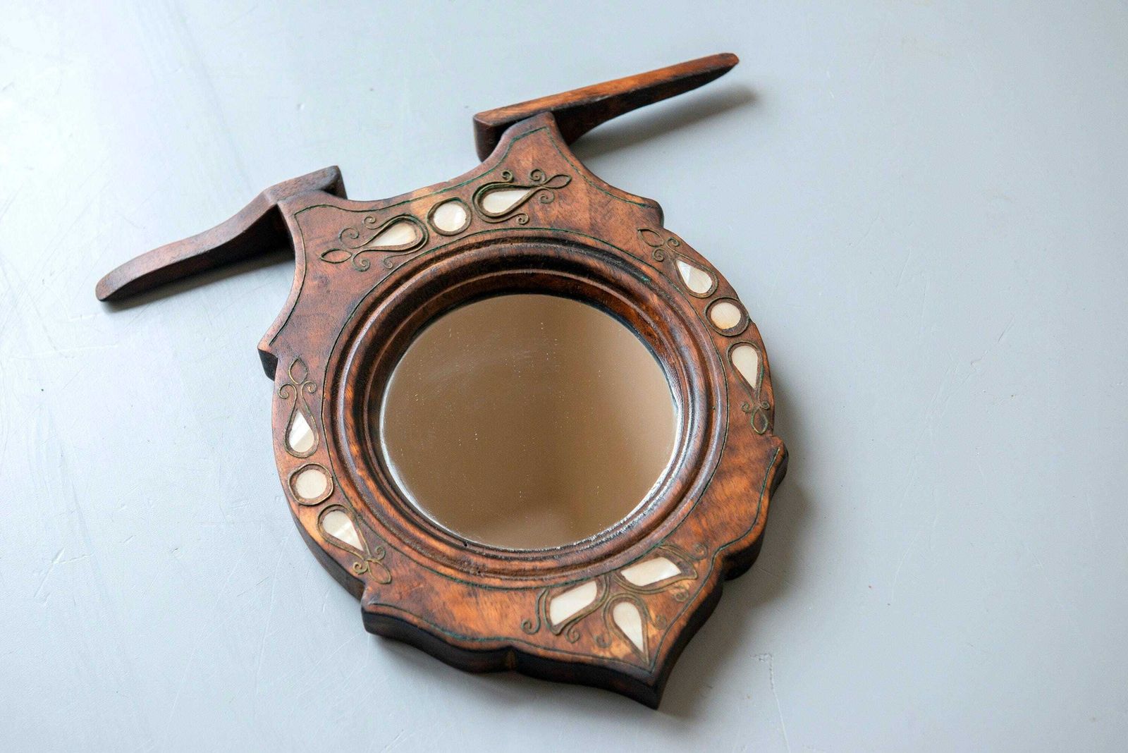Home Decor Antique Wooden Tabletop Mirror With Pearl Inlay, Art Nouveau / Jugendstil, C.1900 photo