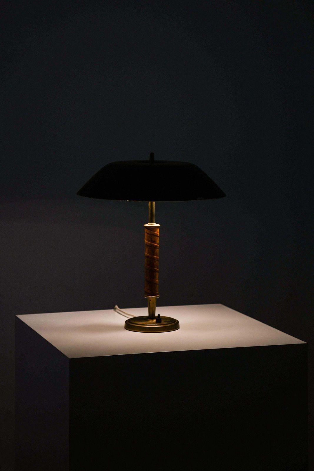 Rare Table Lamp In Brass, Leather And Original Lamp Shade, 1950's photo for sale