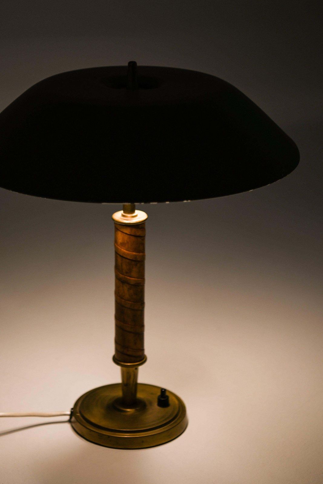 Rare Table Lamp In Brass, Leather And Original Lamp Shade, 1950's photo Lighting