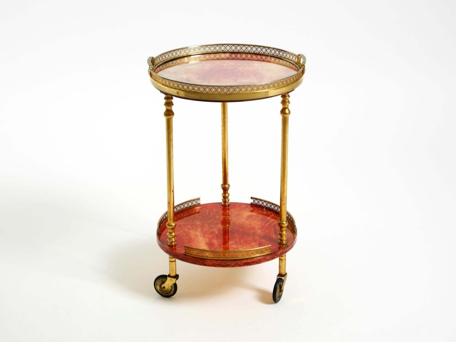 Round, Small 1960s Aldo Tura Serving Or Bar Trolley In Red Goatskin Leather photo for sale