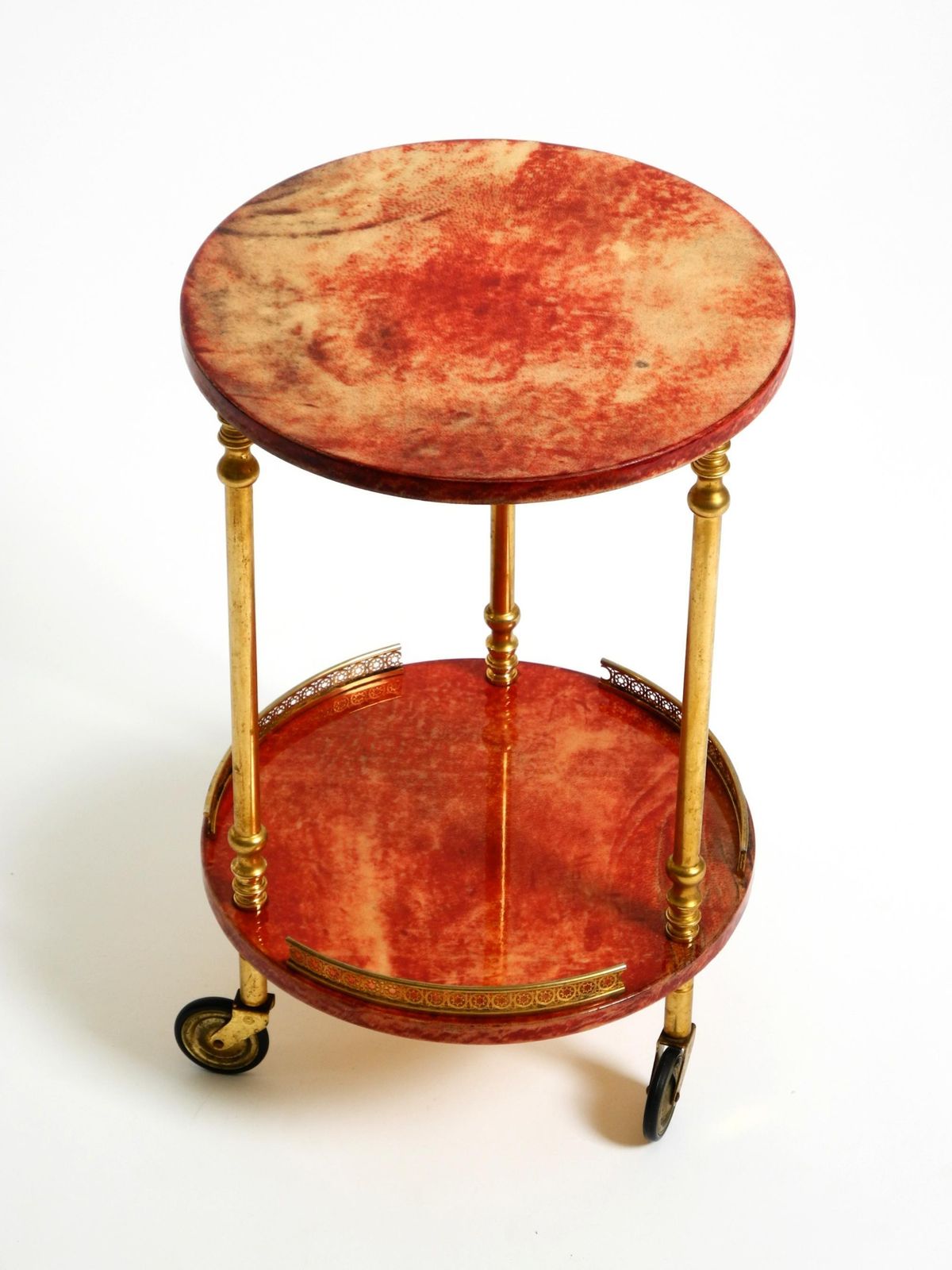 Round, Small 1960s Aldo Tura Serving Or Bar Trolley In Red Goatskin Leather photo buy