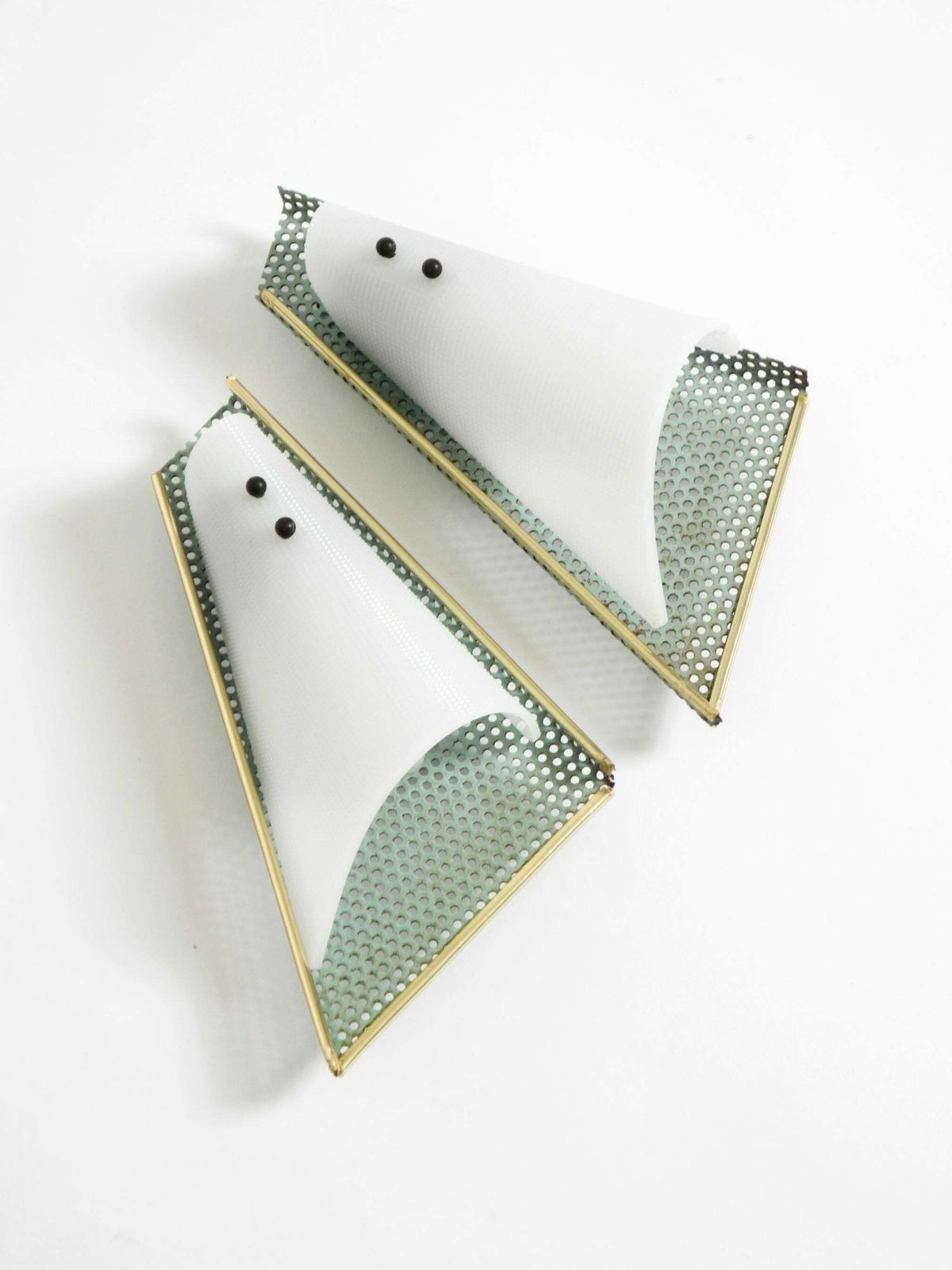 photo for sale Pair Of Beautiful Mint Green Mid Century Modern Perforated Sheet Metal Wall Lamp