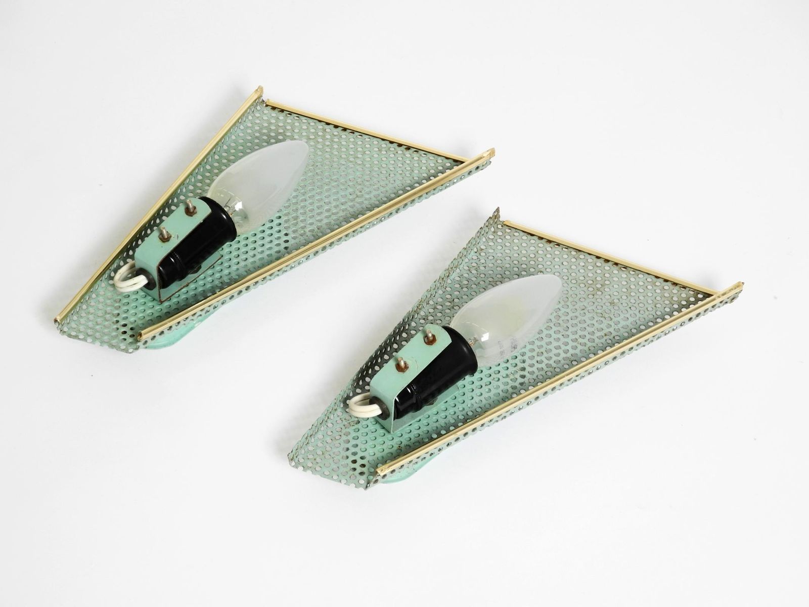 photo vintage Pair Of Beautiful Mint Green Mid Century Modern Perforated Sheet Metal Wall Lamp
