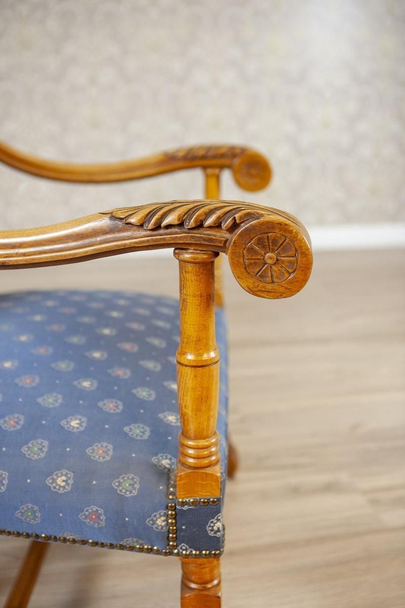 Stylized, Carved Walnut Armchair/Throne In Blue Upholstery, 1960s 1980s photo vintage