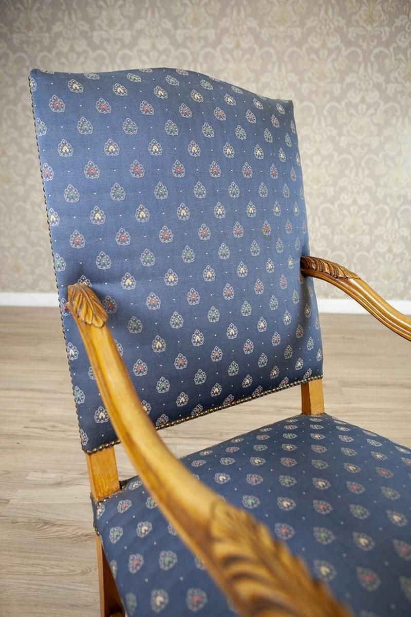 photo furniture Stylized, Carved Walnut Armchair/Throne In Blue Upholstery, 1960s 1980s