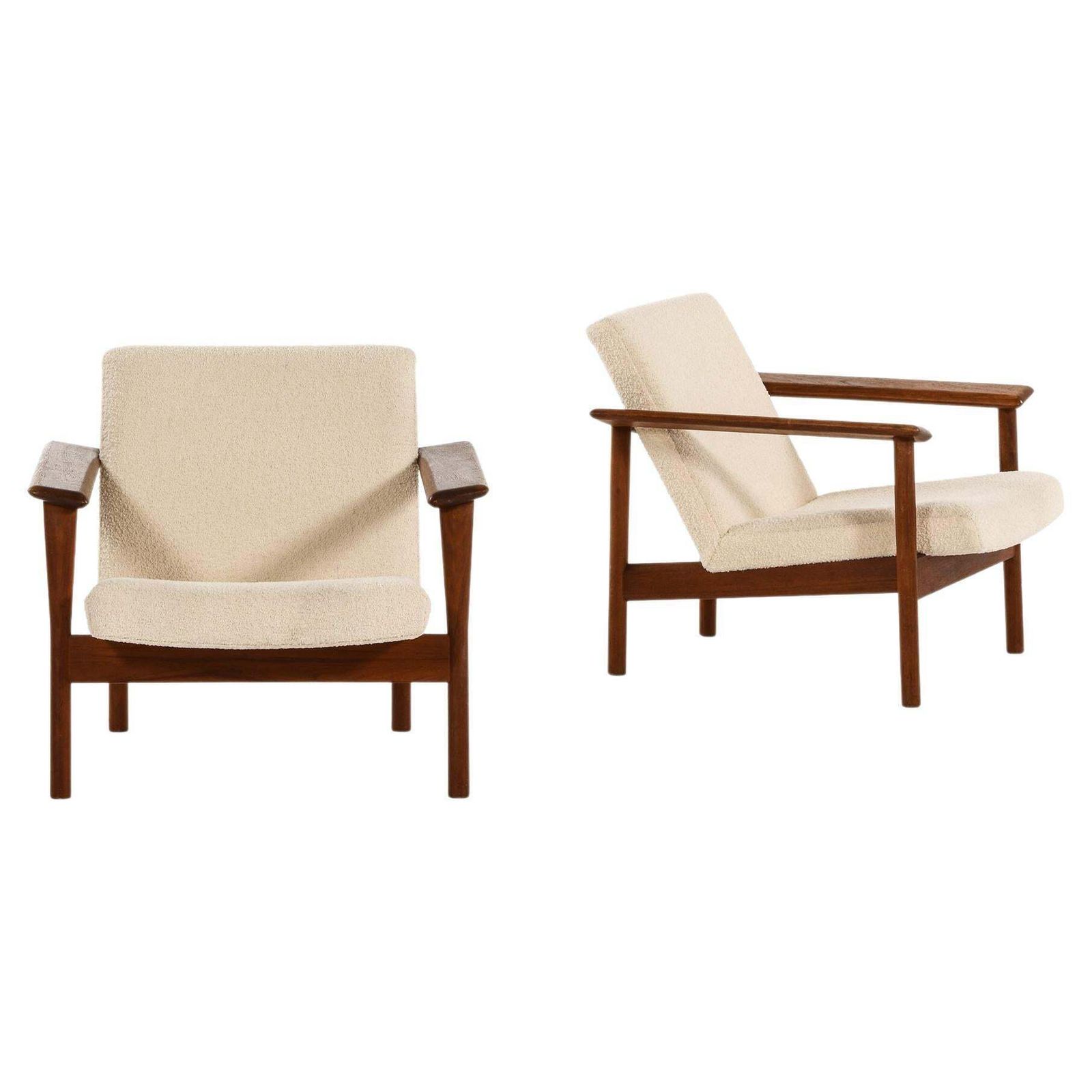 Pair Of Easy Chairs In Teak And Reupholstered In White Bouclé Fabric, 1950's