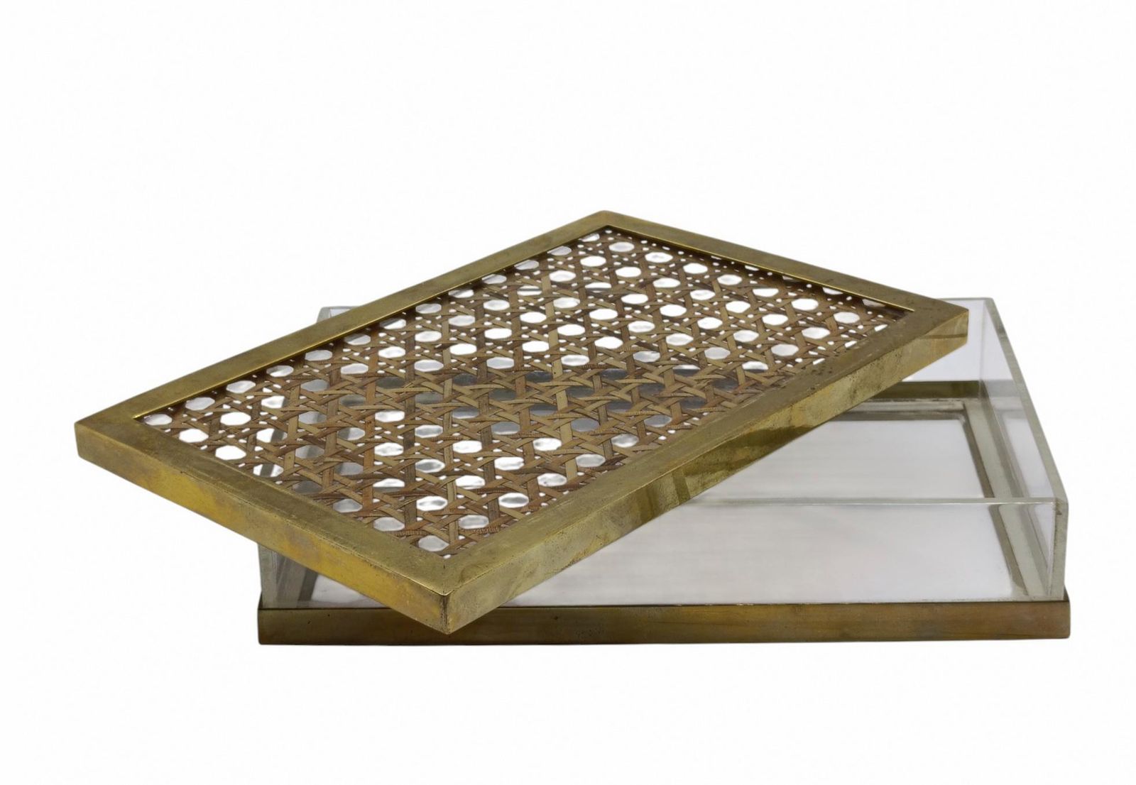 Dior Home Attrib. Scatola In Lucite, Ottone E Paglia Di Vienna, Italia 1970s photo for sale