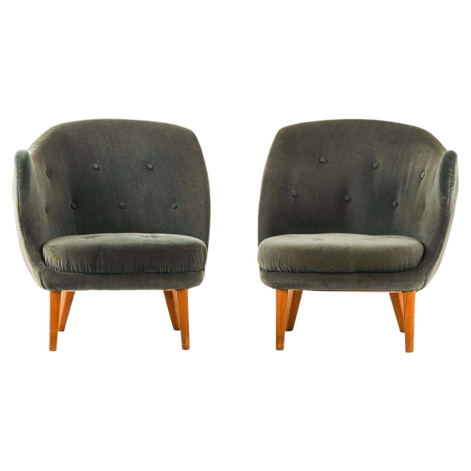 Easy Chairs In Beech And Original Mohair Velvet Upholstery By Arne Norell, 1952