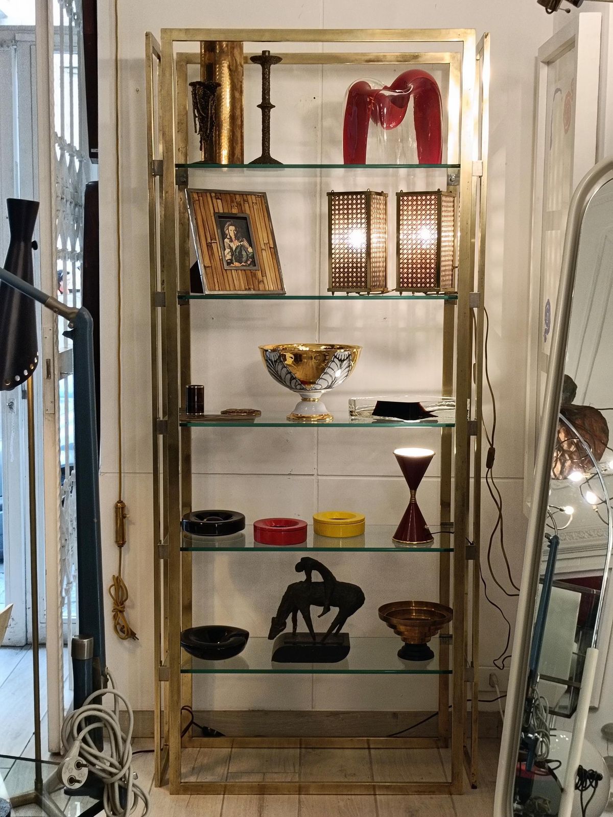 Brass Etagere With Glass Shelves, Italy 1970s photo vintage