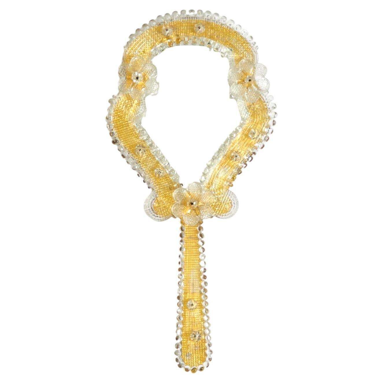 Venetian Mid Century Modern Hand Or Wall Mirror With Murano Glass Rosettes