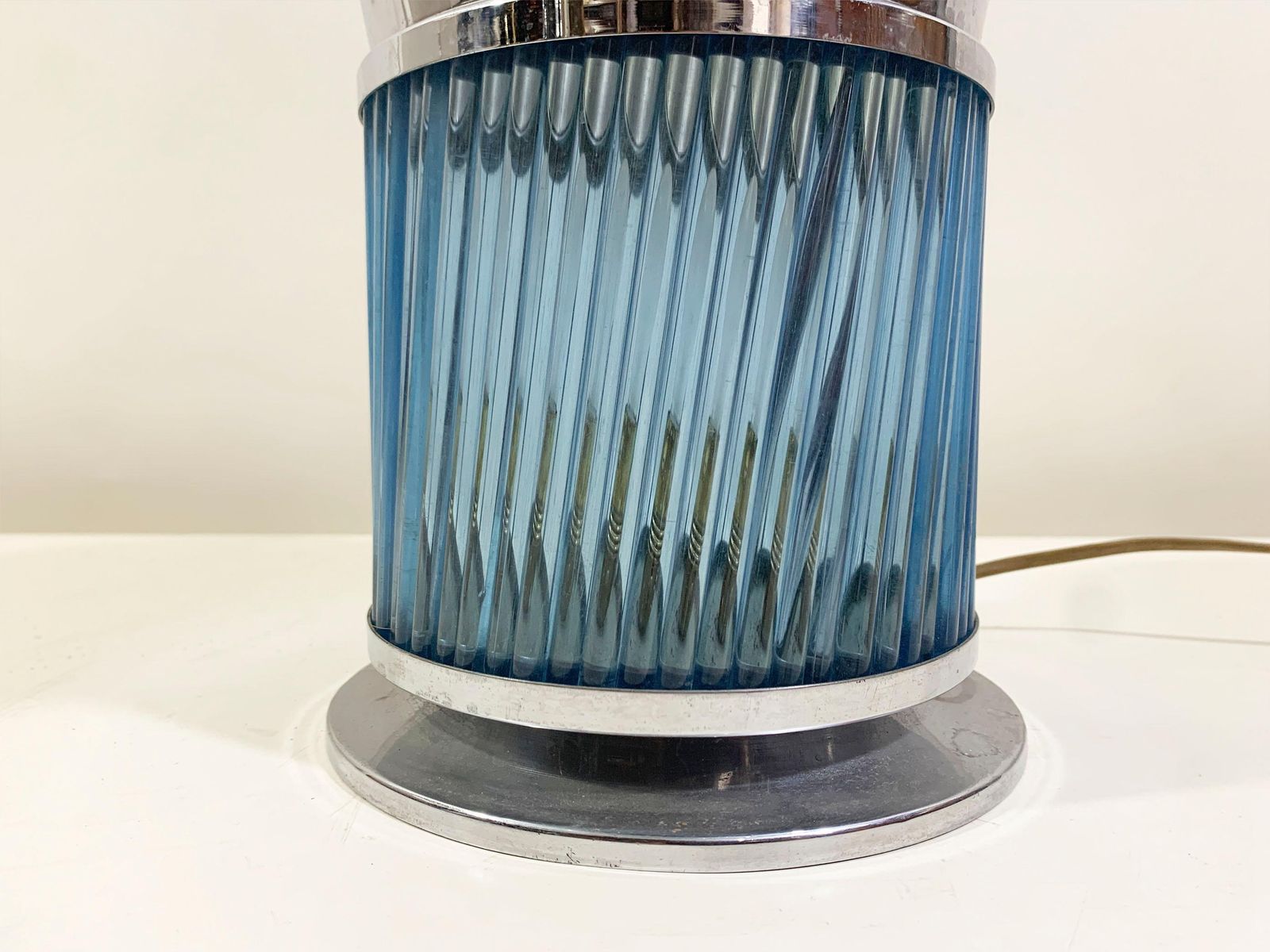 Art Deco Blue Glass & Metal Table Lamp, France, Circa 1930s, 24\" Dia photo 1041.0
