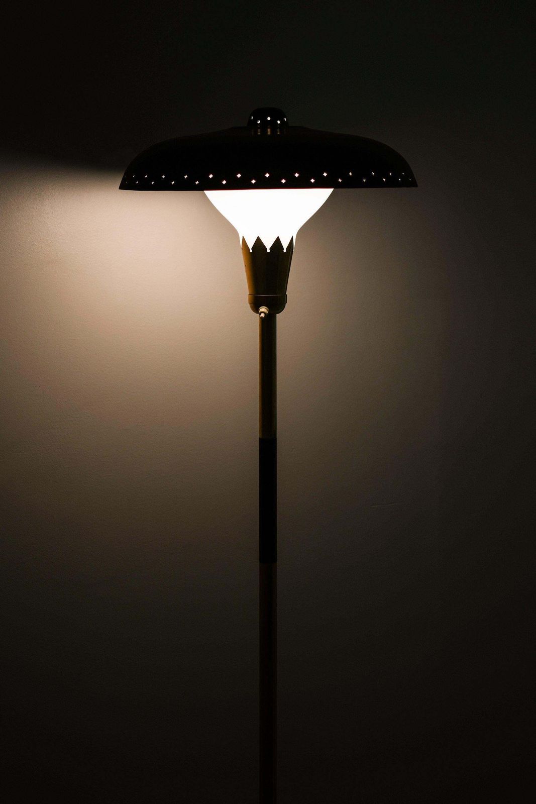 Rare Floor Lamp In Brass, Opaline Glass And Lacquered Metal, 1950's photo furniture