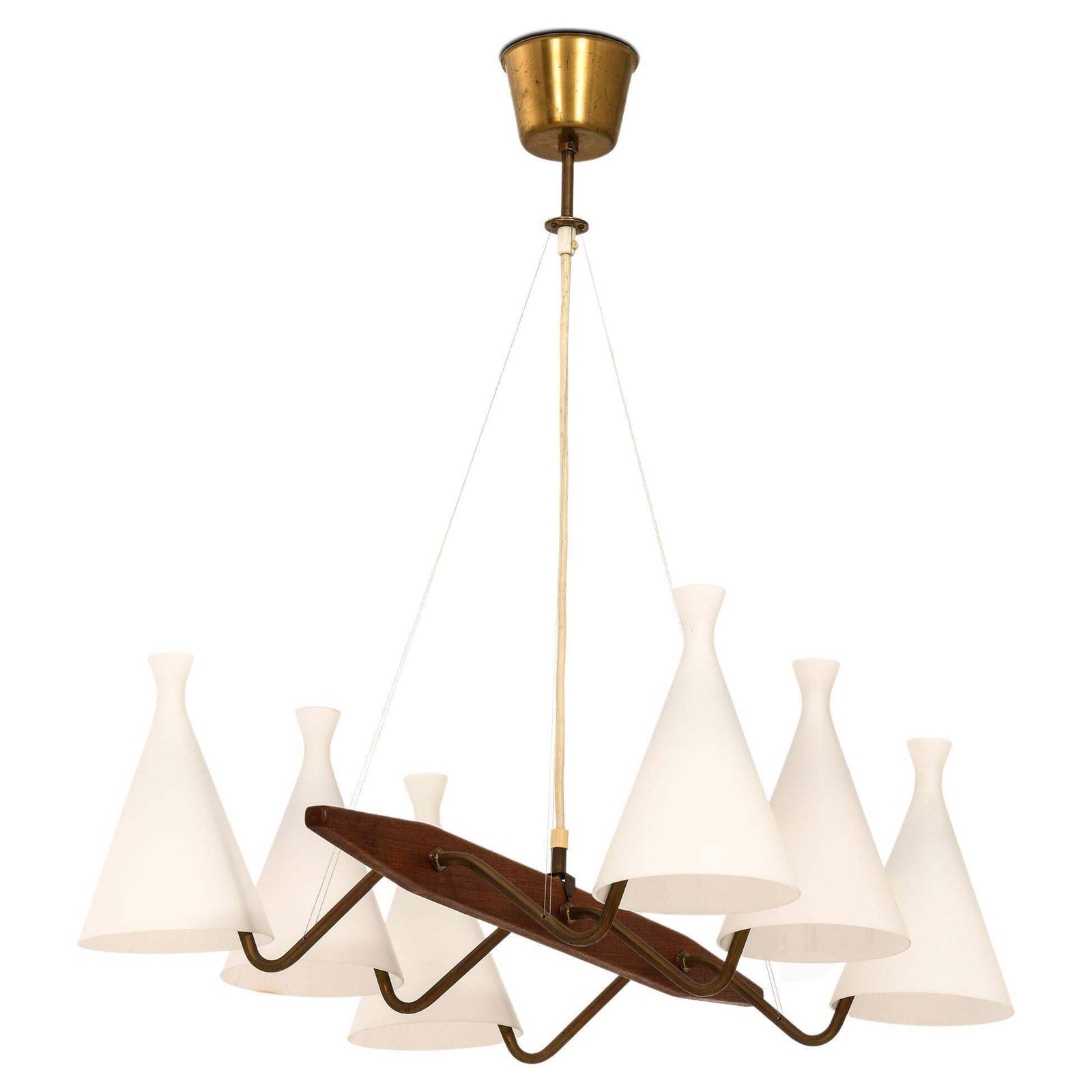 Ceiling Lamp In Teak, Brass & Opaline Glass By Svend Aage Holm Sørensen, 1950's