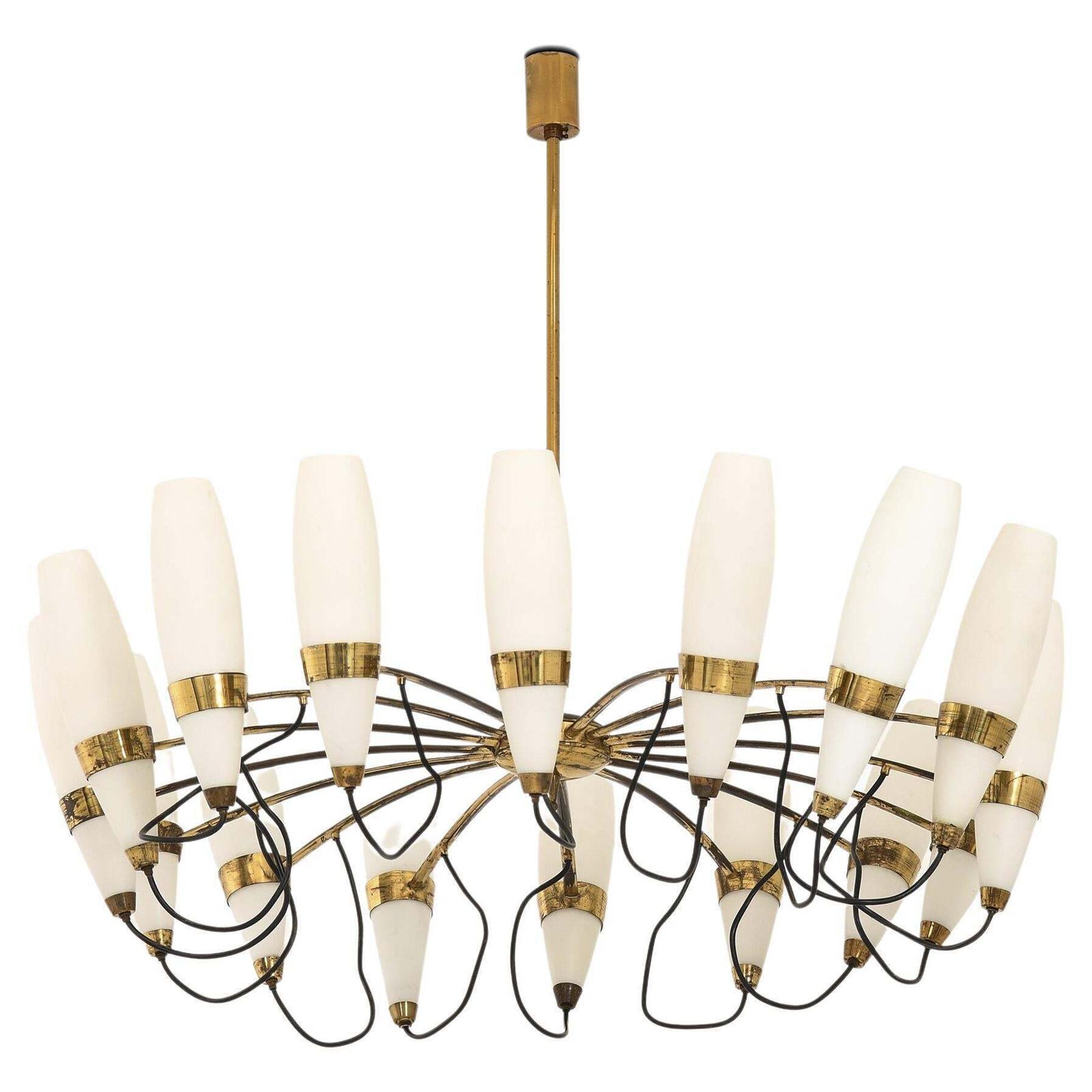Large Ceiling Lamp In Opaline Glass And Brass, 1950's