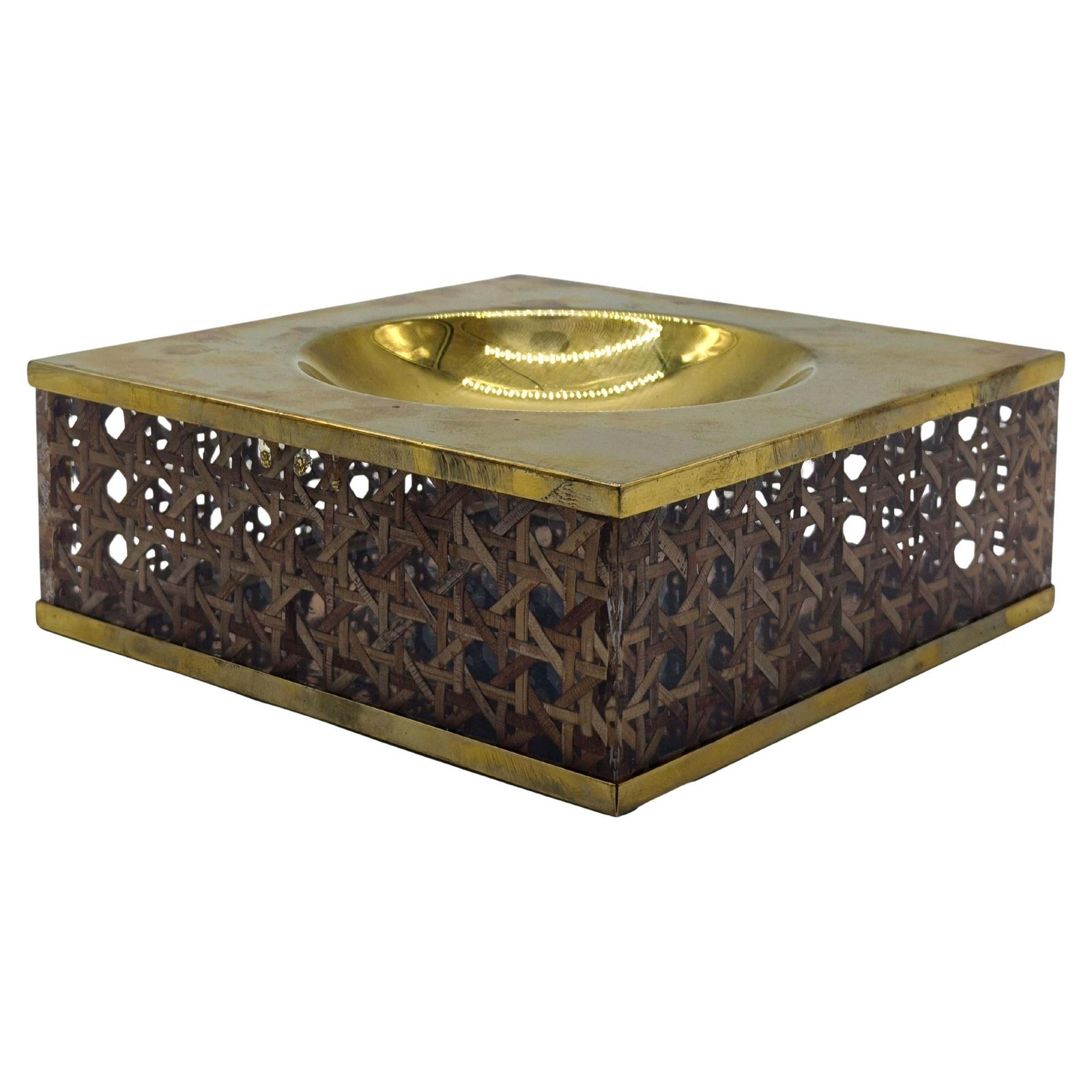 Dior Home Attrib. Posacenere In Vetro Acrilico, Ottone E Paglia Di Vienna