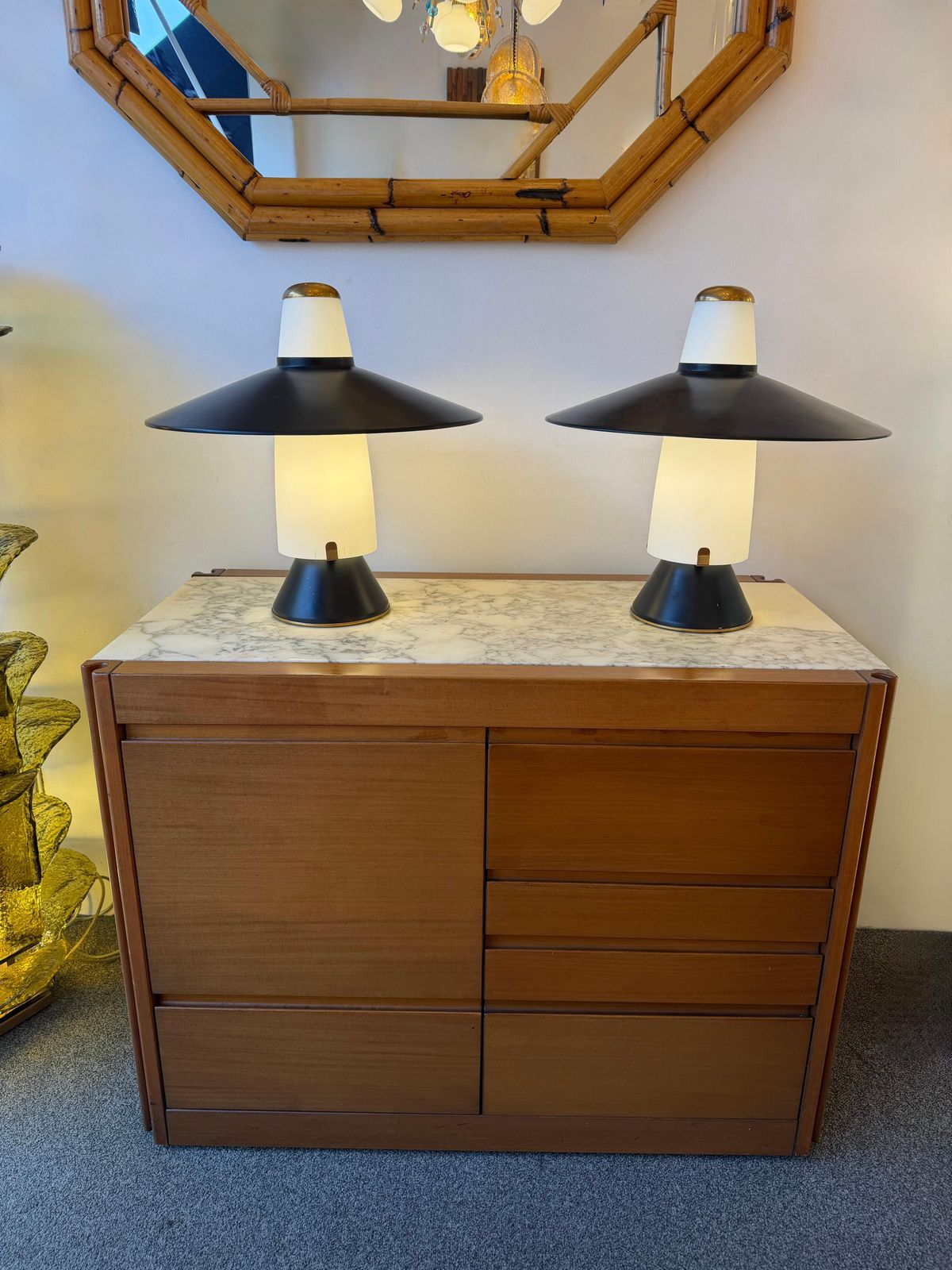 Mid Century Modern Pair Of Lamps Brass Lacquered Metal By Stilnovo. Italy, 1950s photo furniture