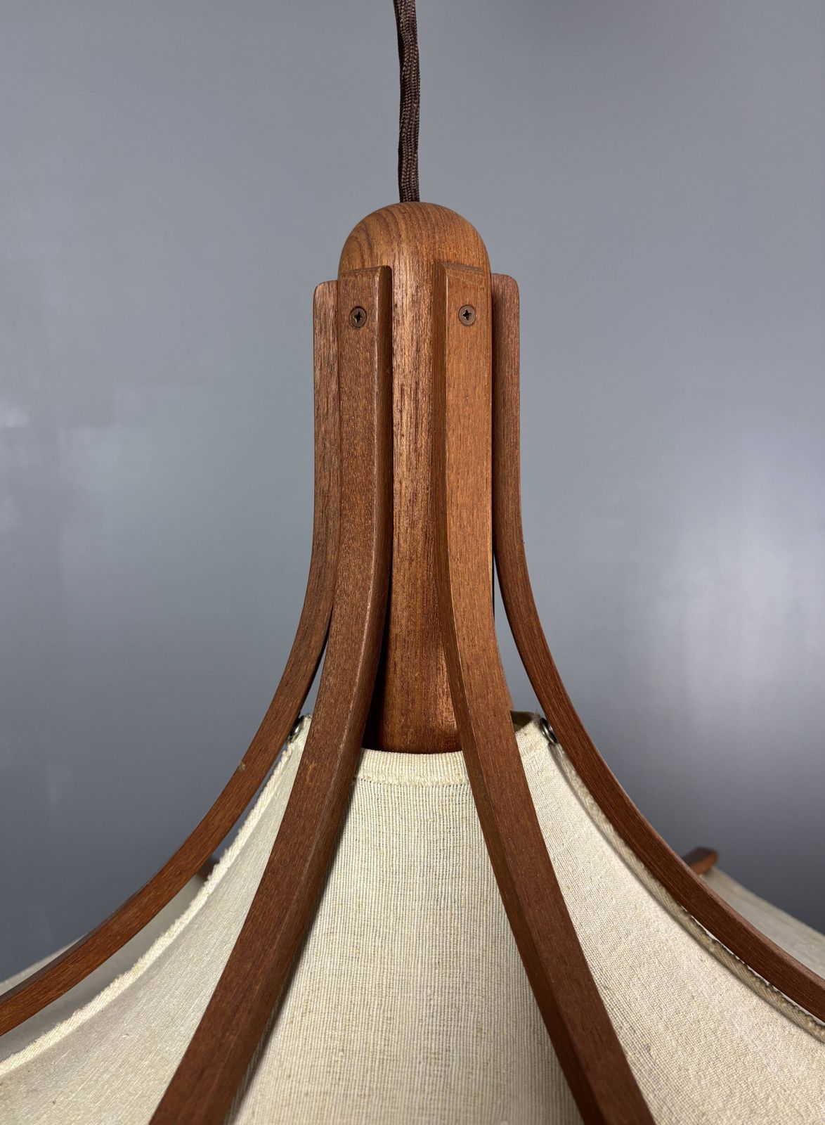 Teak And Linen Umbrella Counter Balance Pendant By Domus, 1970s photo vinterior