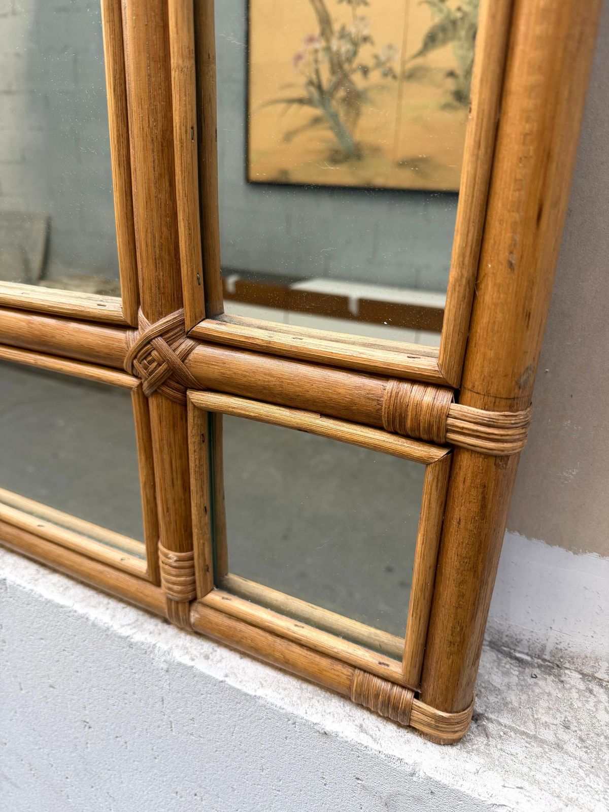 photo for sale Large Rattan Parclosed Mirror . Italy, 1970s