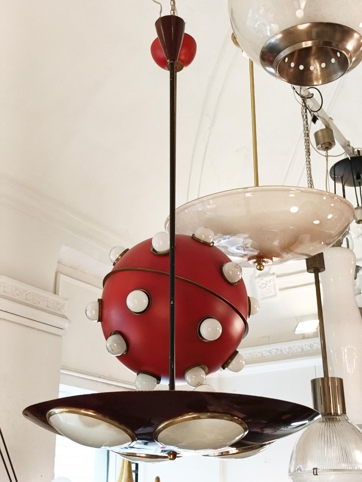 Lumen Milano Lampada A Sospensione In Metallo Laccato Bordeaux, Italia 1950s photo furniture