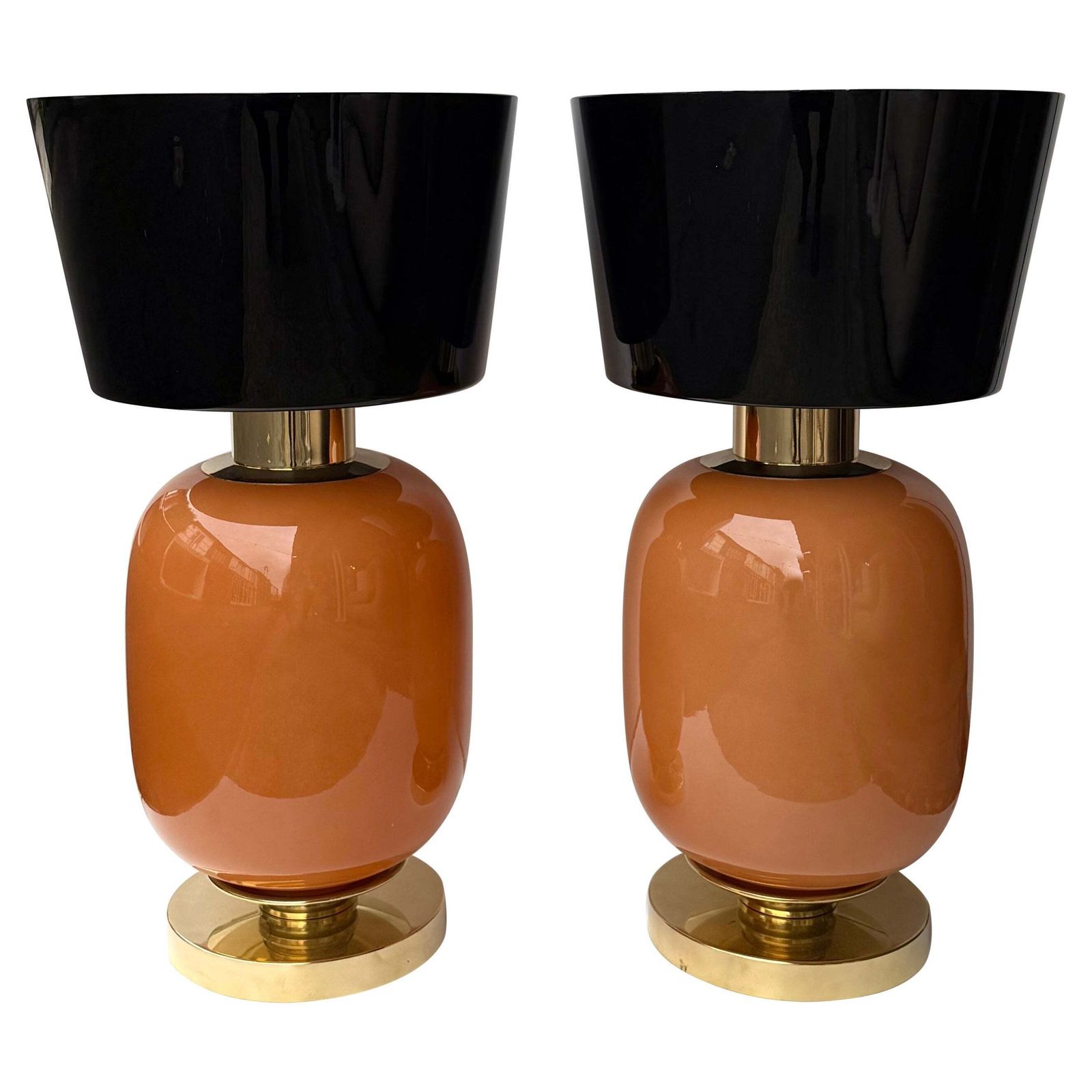 Contemporary Pair Of Brass And Peach Murano Glass Black Shades Lamps, Italy