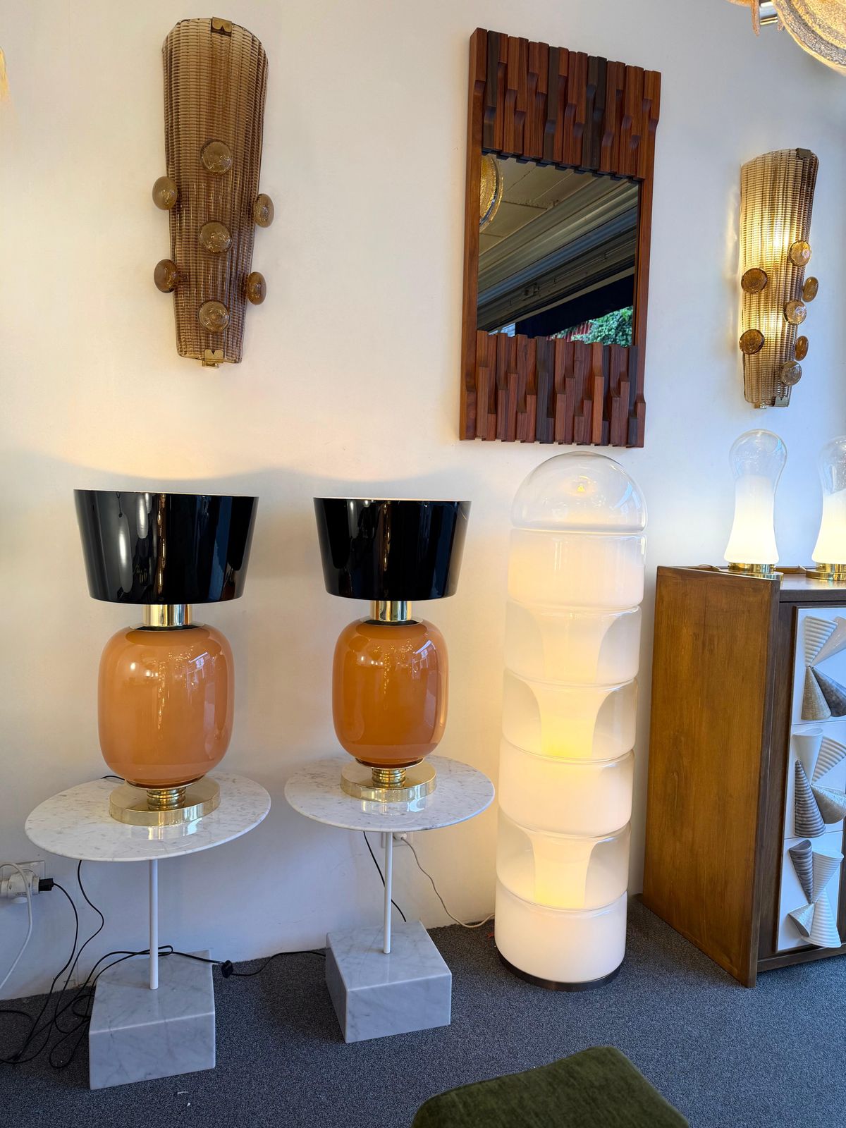 Contemporary Pair Of Brass And Peach Murano Glass Black Shades Lamps, Italy photo furniture