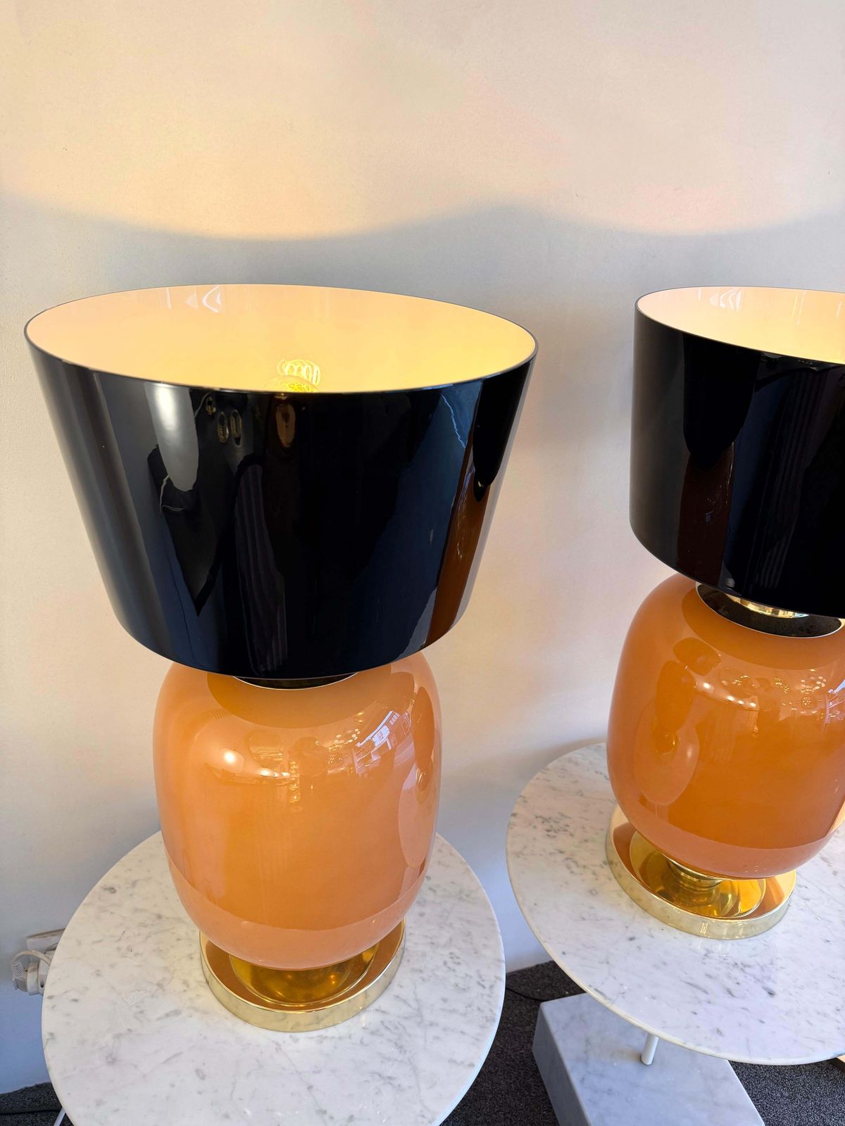 Contemporary Pair Of Brass And Peach Murano Glass Black Shades Lamps, Italy photo Lighting