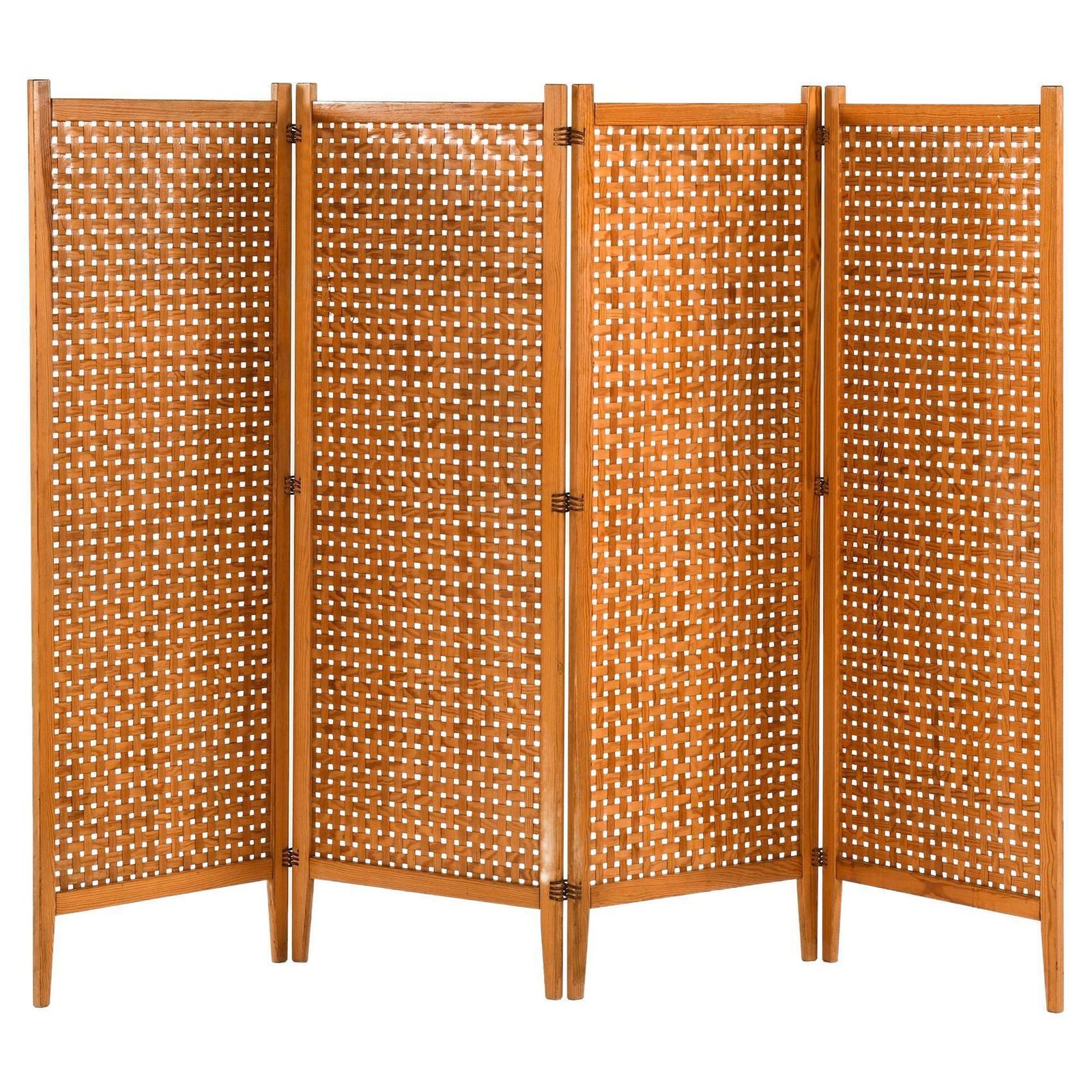 Very Rare Folding Screen / Room Divider In Pine With Suede Strings, 1950's