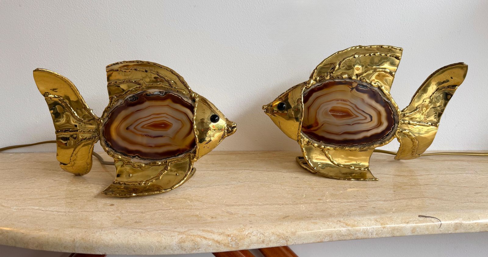 photo buy Pair Of Brass Agate Fish Lamps By Henri Fernandez, France, 1980s