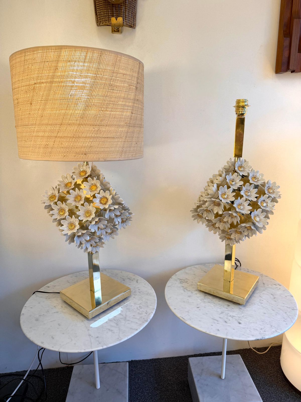 Contemporary Pair Of Brass And Gilt Porcelain Daisy Lamps, Italy photo 4771.0