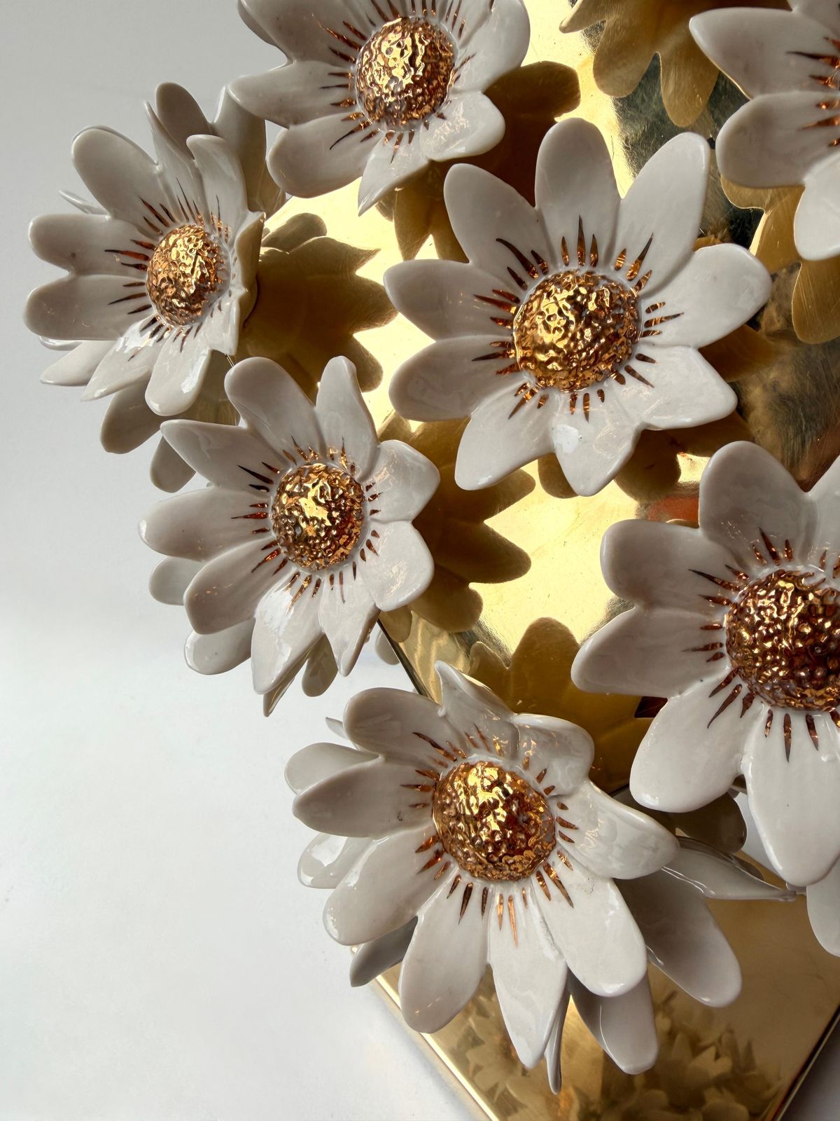 Contemporary Pair Of Brass And Gilt Porcelain Daisy Lamps, Italy photo vintage