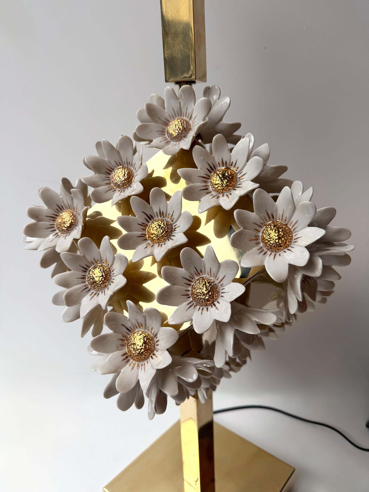 photo for sale Contemporary Pair Of Brass And Gilt Porcelain Daisy Lamps, Italy