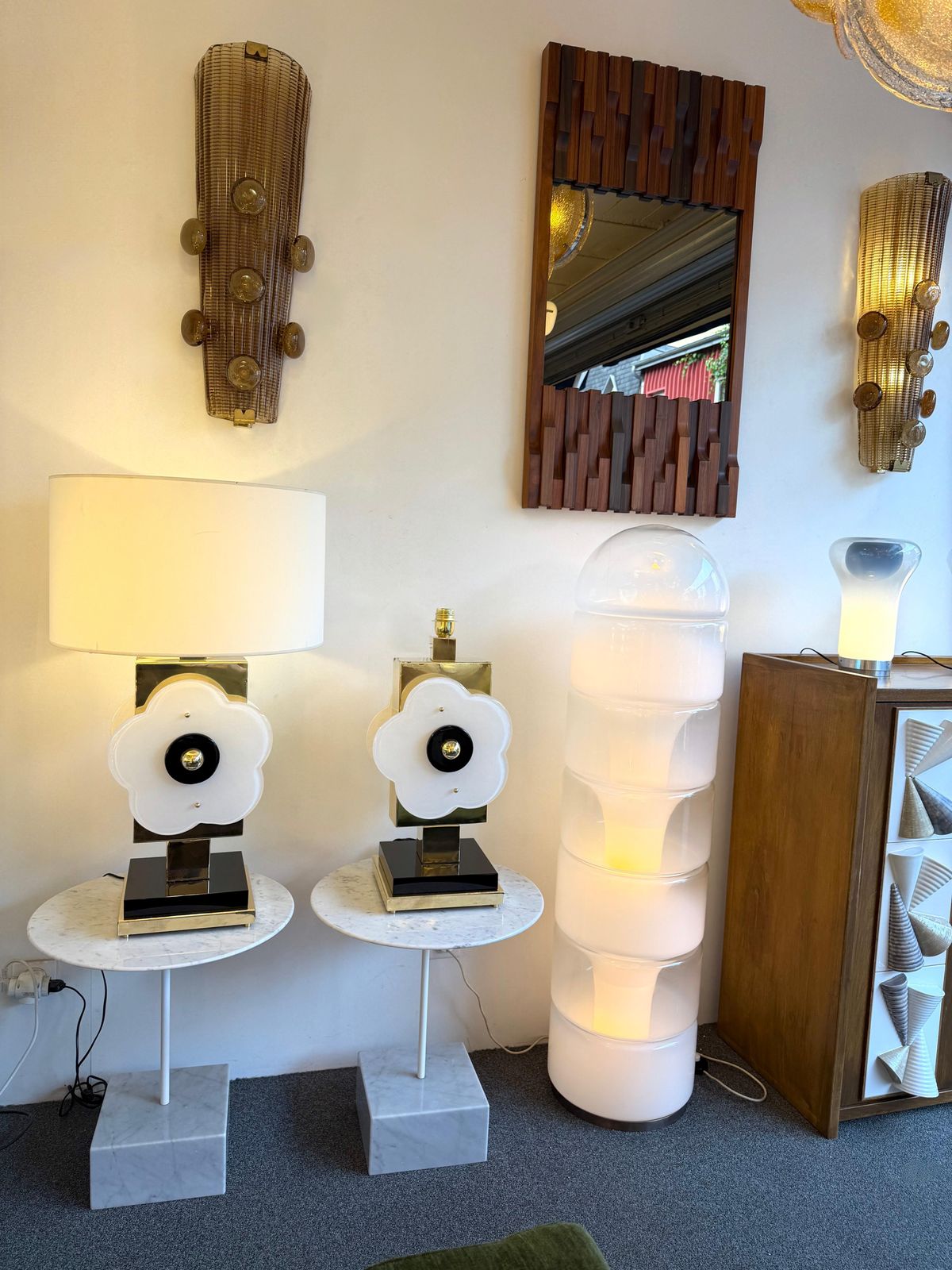 Contemporary Pair Of Brass And Murano Glass Big Flowers Lamps, Italy photo vinterior