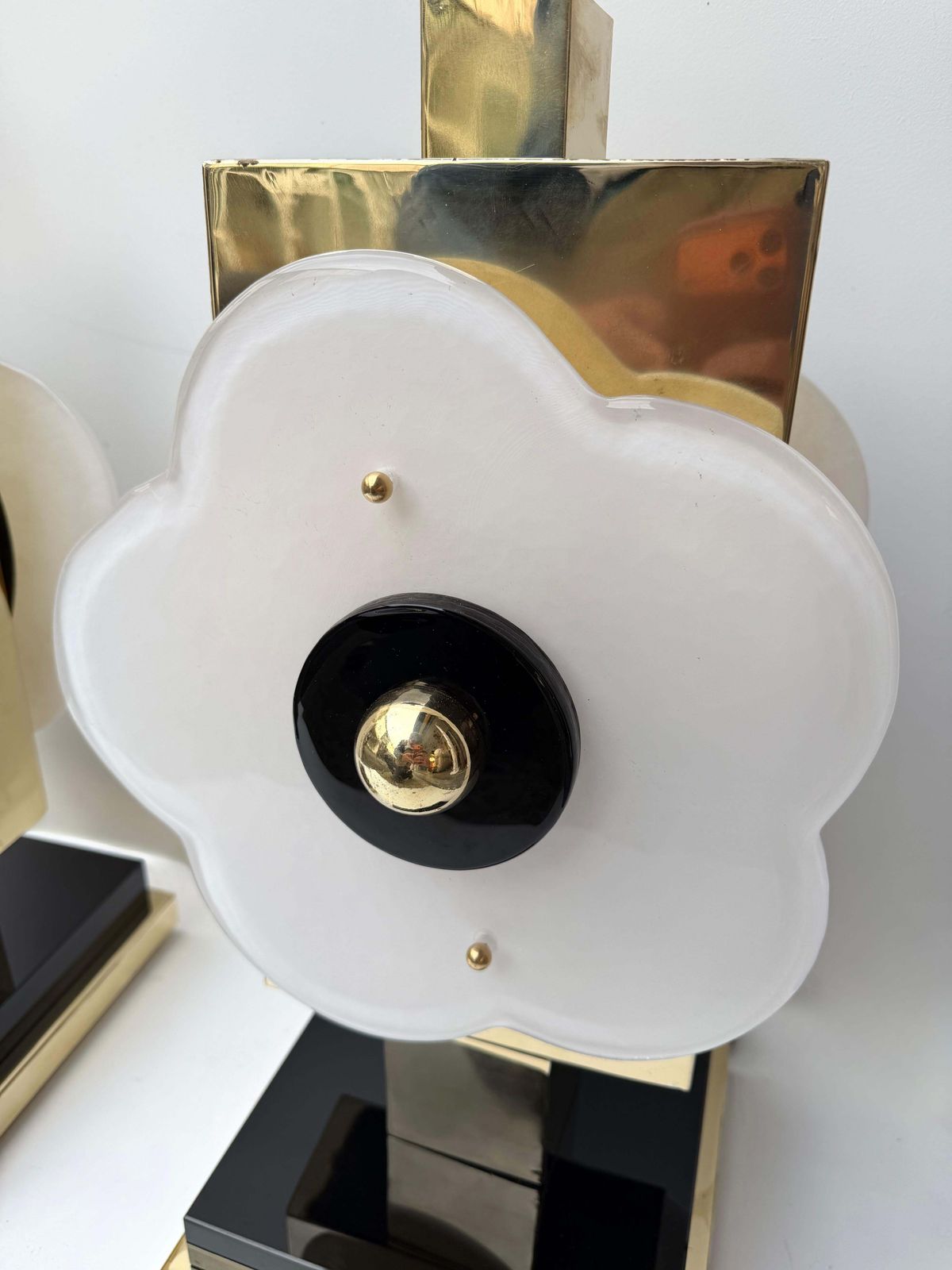Contemporary Pair Of Brass And Murano Glass Big Flowers Lamps, Italy photo vintage