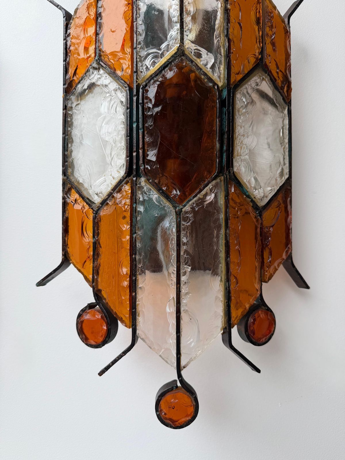 Pair Of Hammered Glass Wrought Iron Sconces By Longobard, Italy, 1970s photo for sale