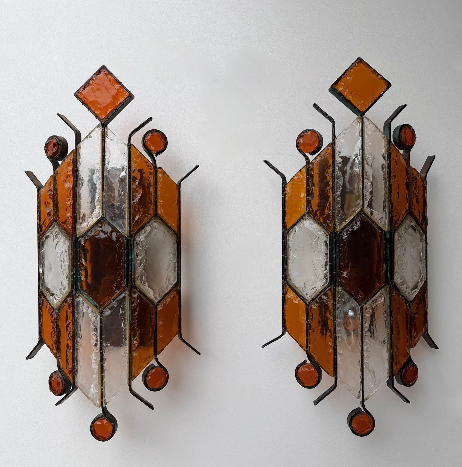 Pair Of Hammered Glass Wrought Iron Sconces By Longobard, Italy, 1970s photo buy