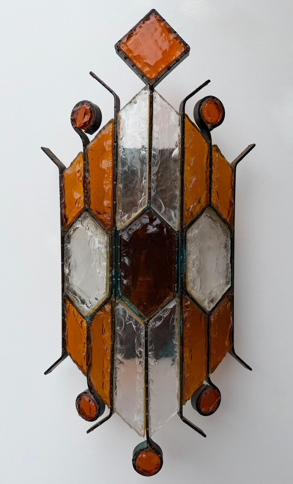 Pair Of Hammered Glass Wrought Iron Sconces By Longobard, Italy, 1970s photo vintage