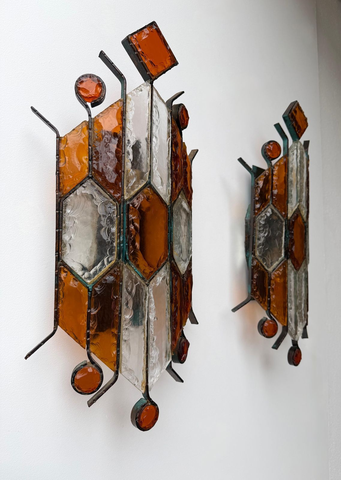 Lighting Pair Of Hammered Glass Wrought Iron Sconces By Longobard, Italy, 1970s photo