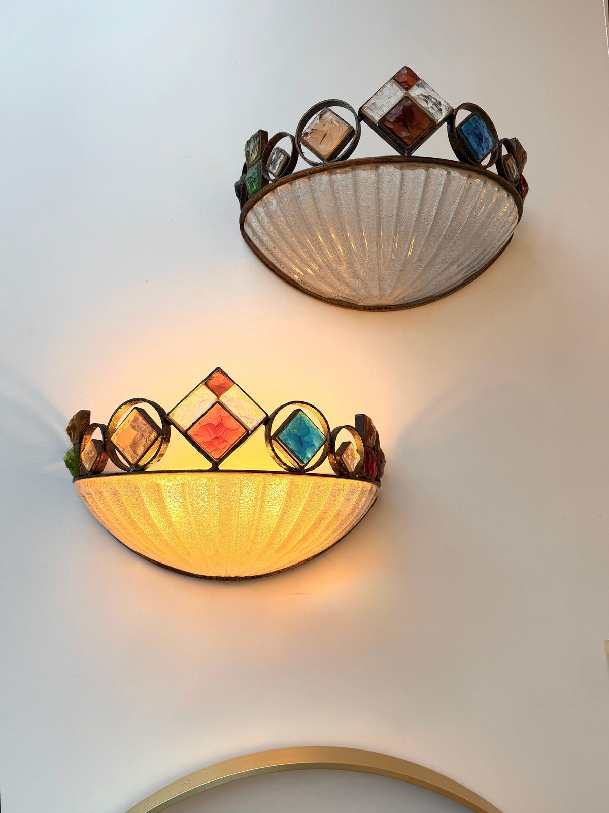 Hammered Glass Wrought Iron Murano Glass Sconce By Longobard, Italy, 1970s photo Lighting