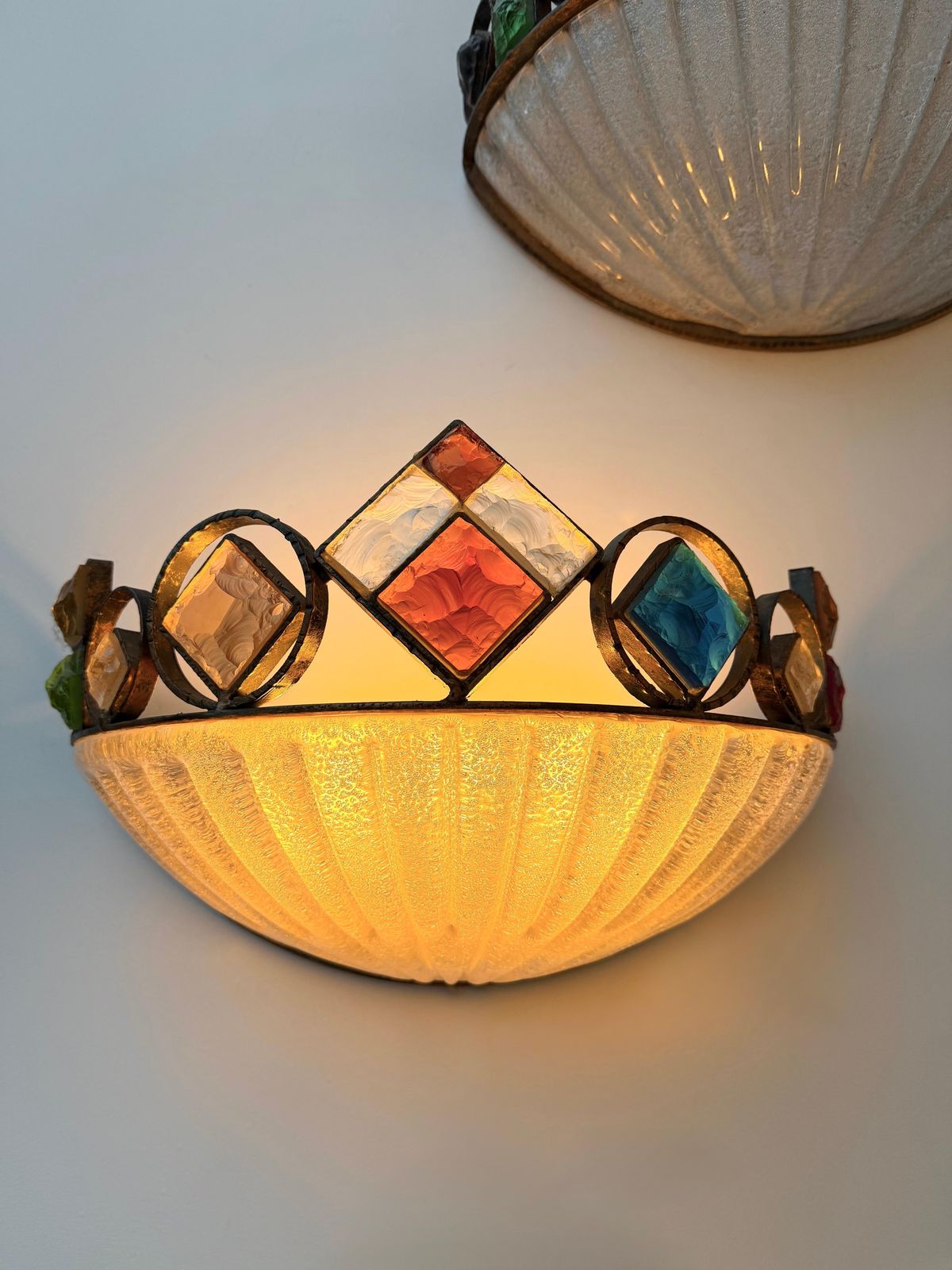 photo for sale Hammered Glass Wrought Iron Murano Glass Sconce By Longobard, Italy, 1970s