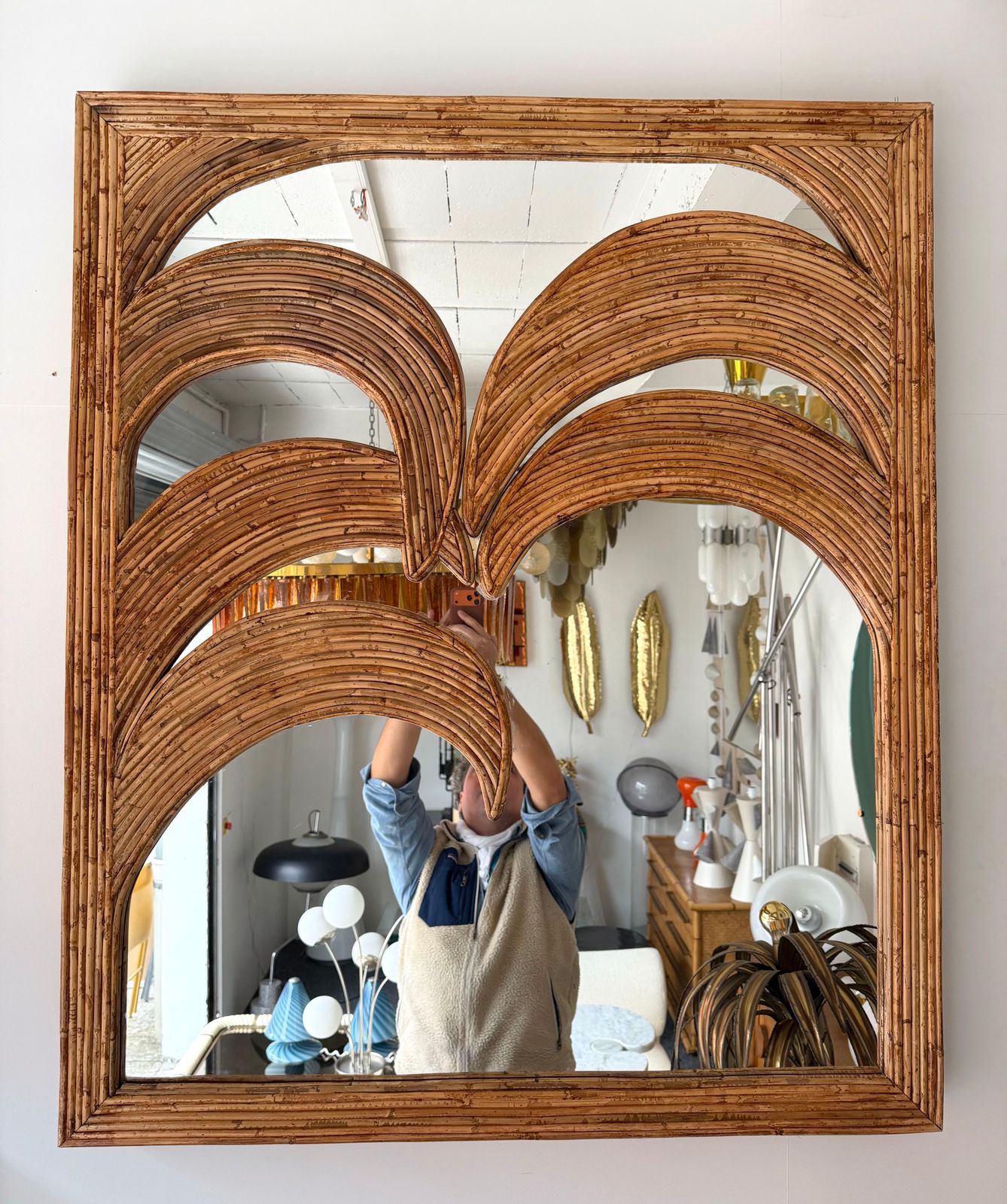 photo buy Large Rattan Palm Tree Mirror By Vivai Del Sud. Italy, 1970s